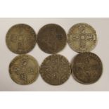 Six George II and George III Sixpenses 1746 Lima, fine condition Four x 1757, fair condition 1787