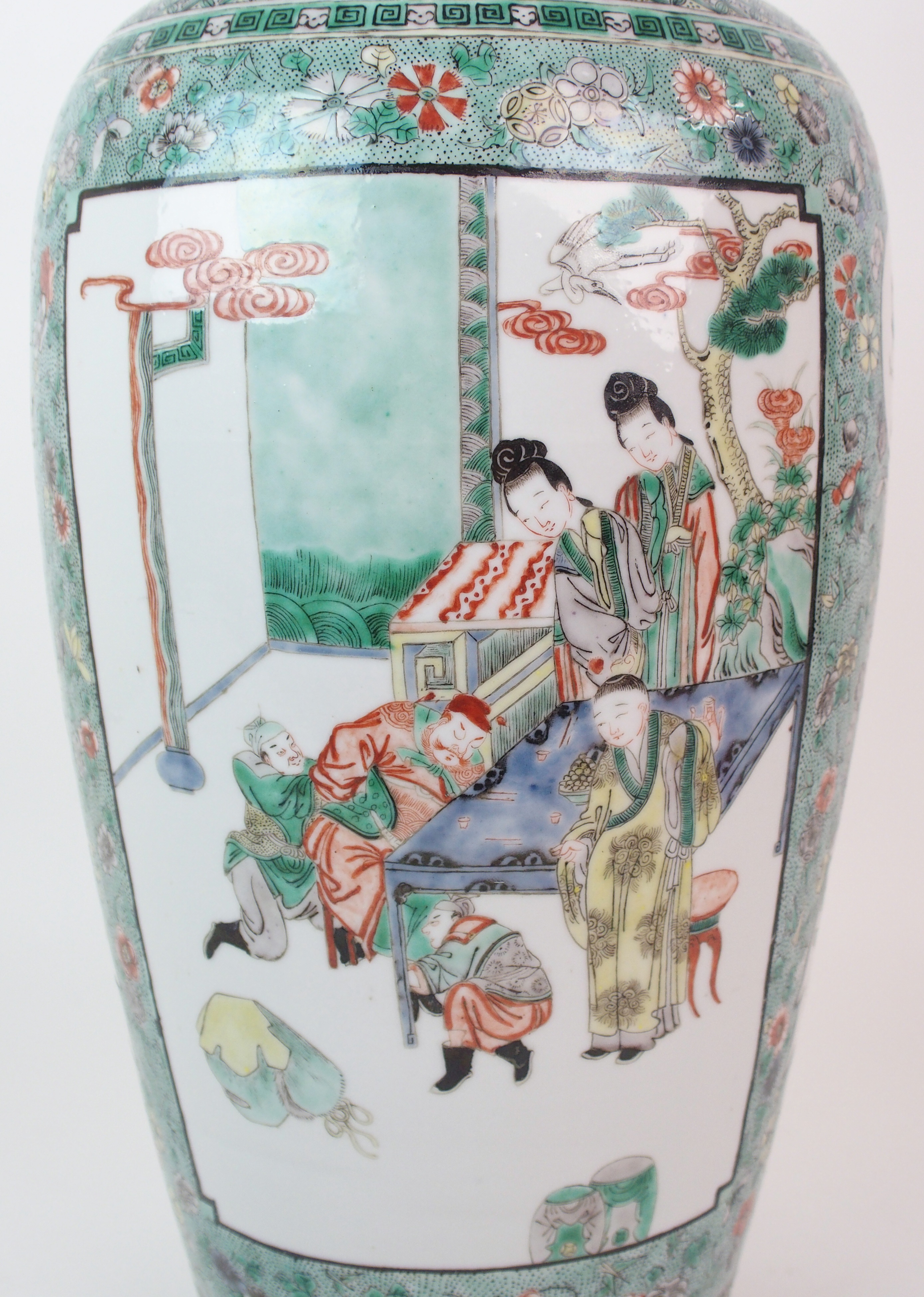 A Chinese famille verte baluster vase painted with panels of courtiers in pavilions divided by - Image 7 of 10