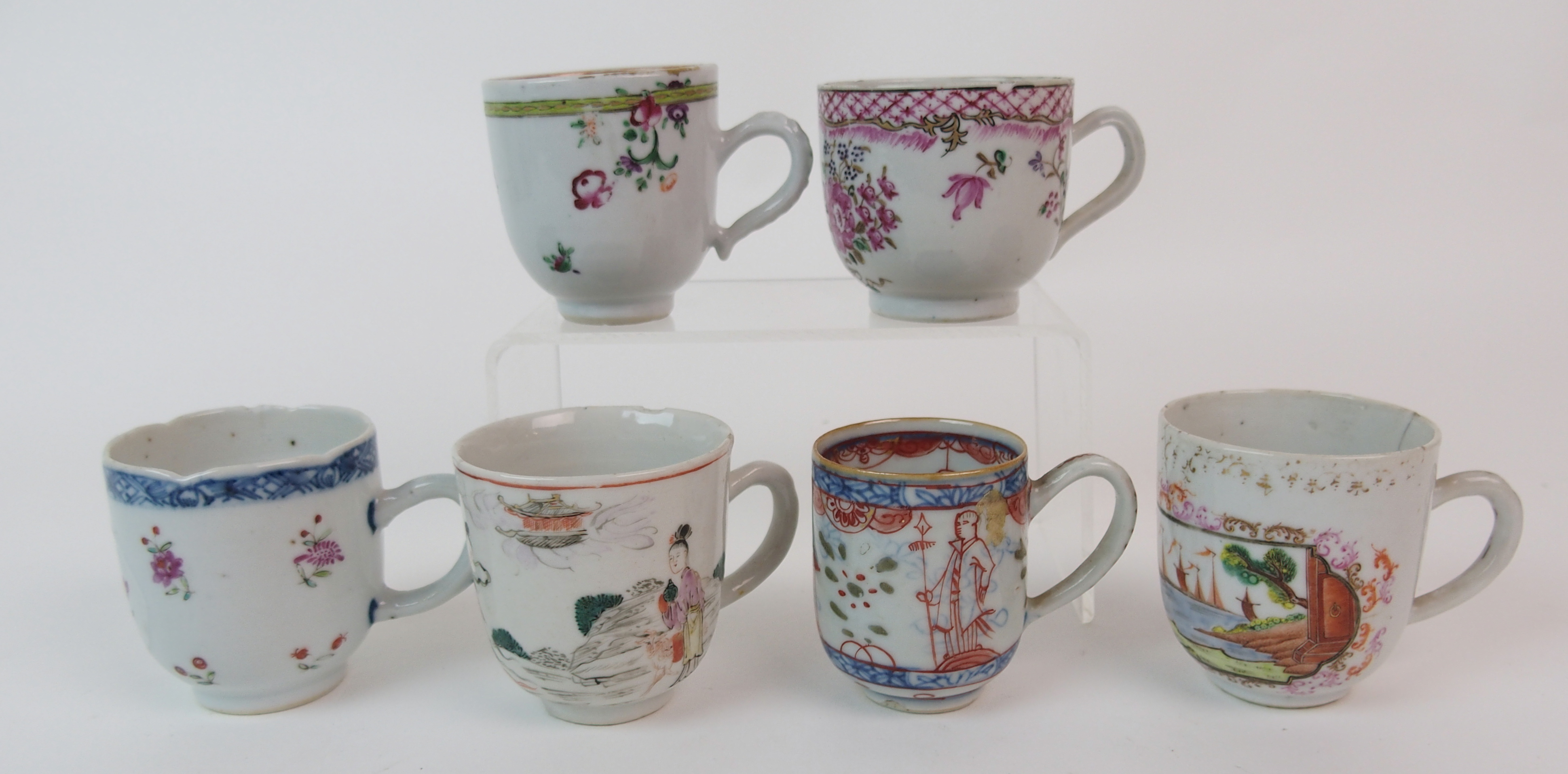 Forty Seven various Chinese export tea-cups painted with flowers, figures, birds and monograms and - Image 7 of 10