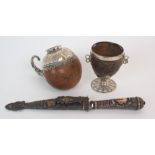 A 19th Century white metal mounted gourd wine cup the gourd engraved with geometric designs, the