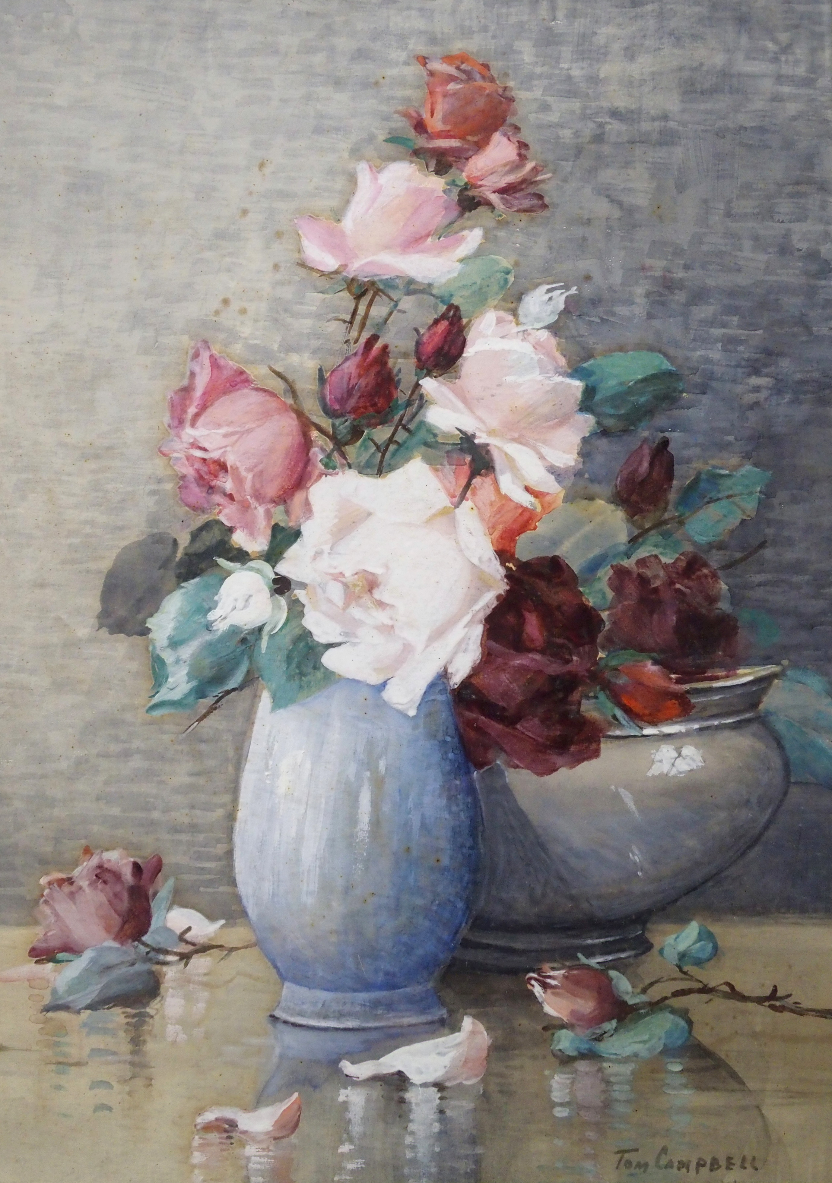 TOM CAMPBELL (Scottish 1865 - 1943) STILL LIFE WITH ROSES Watercolour, signed, 53 x 37cm (21 x 14