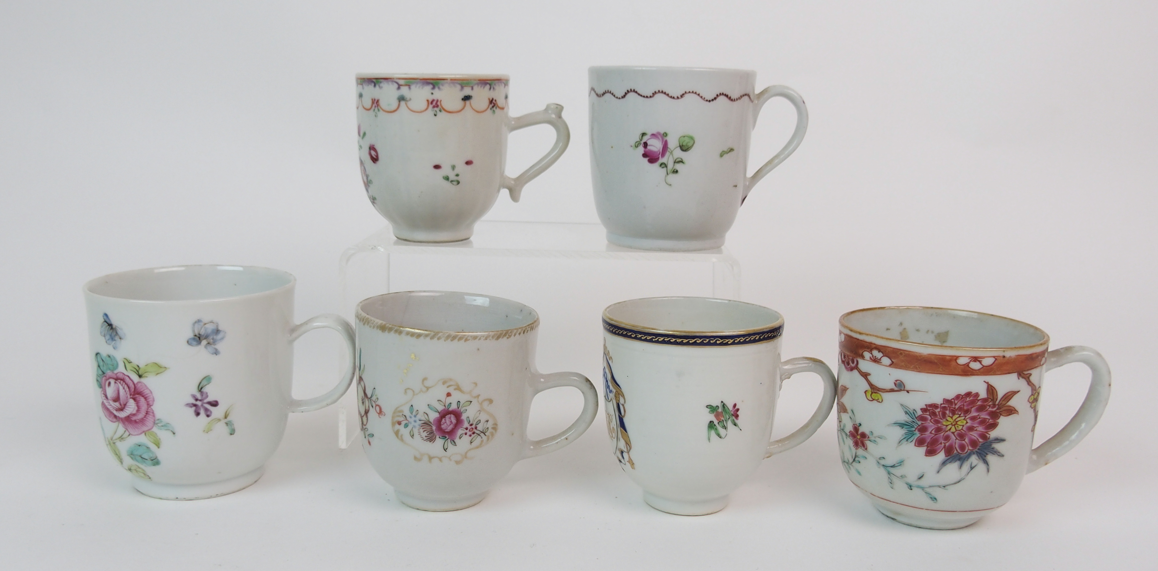 Forty Seven various Chinese export tea-cups painted with flowers, figures, birds and monograms and - Image 3 of 10