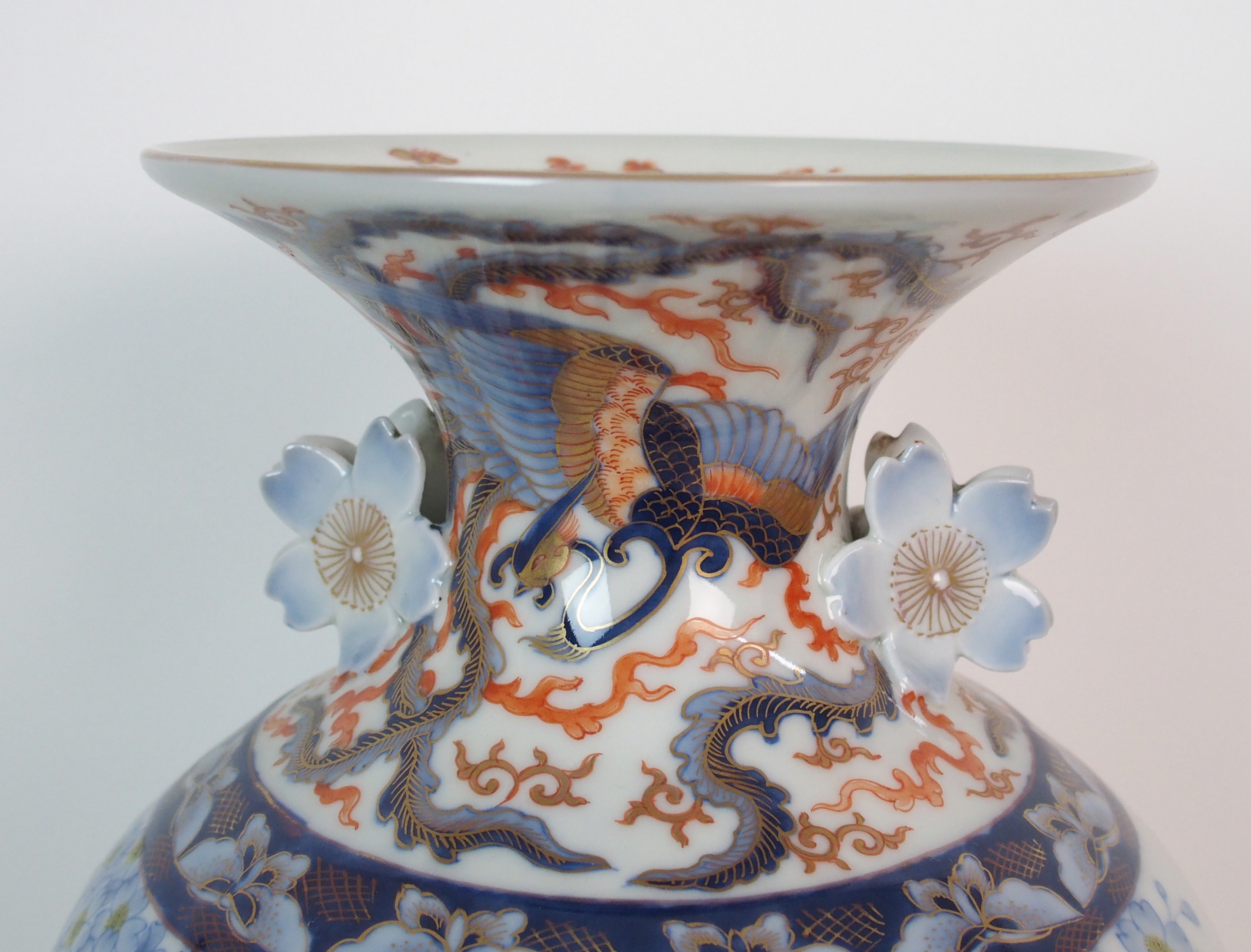 A Fukagawa baluster vase painted with fish beneath blossoming branches with Ho-o birds to neck and - Image 3 of 10