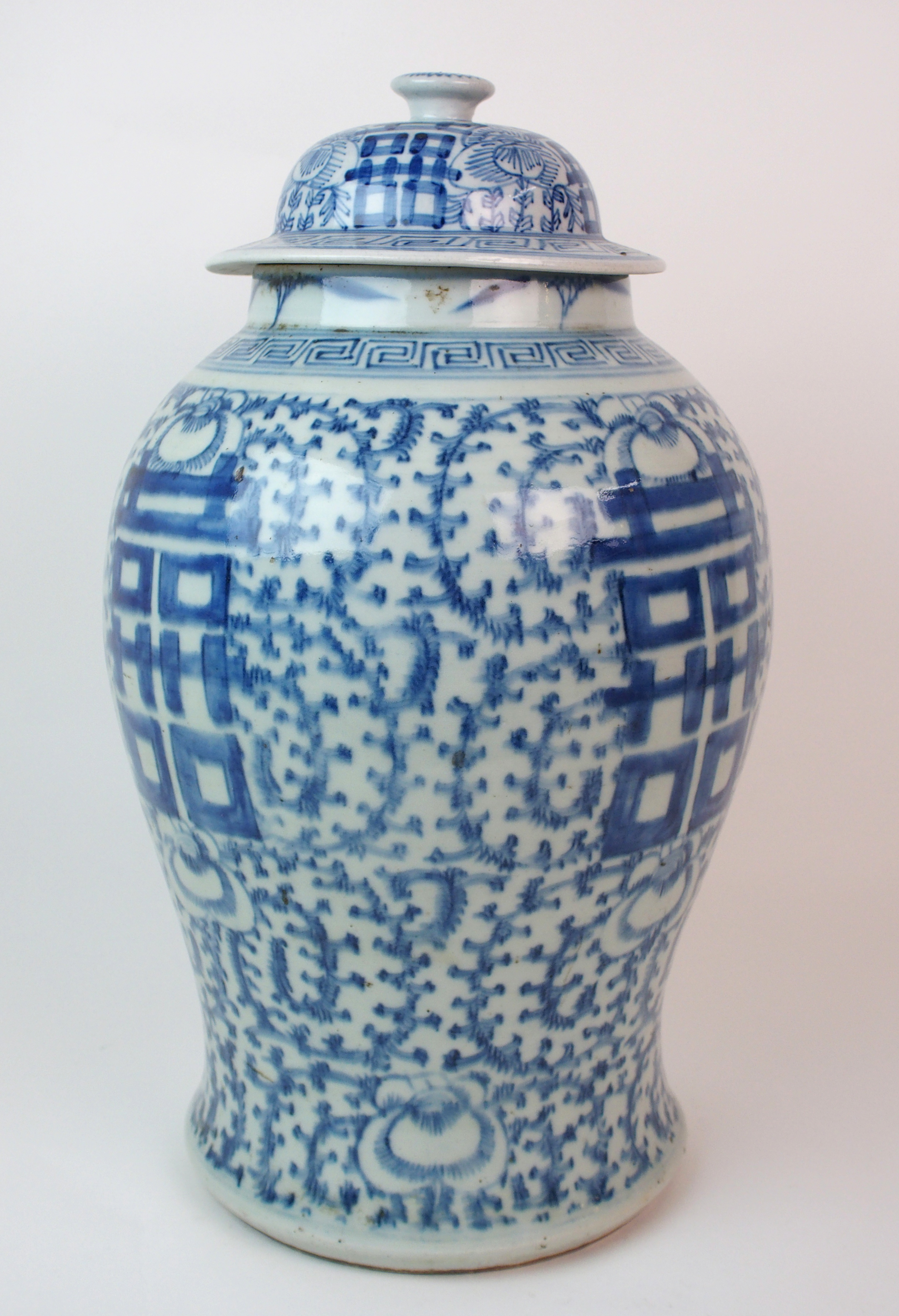 A Chinese blue and white tea jar painted with calligraphy and scrolling foliage, the domed cover and - Image 2 of 10