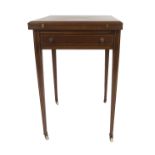 An Edwardian mahogany and crossbanded envelope card table with single drawer on square tapering