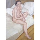 •ANGELA REILLY (Scottish b. 1966) NUDE ON A BED Oil on paper, signed, 73 x 53cm (28 3/4 x 21")