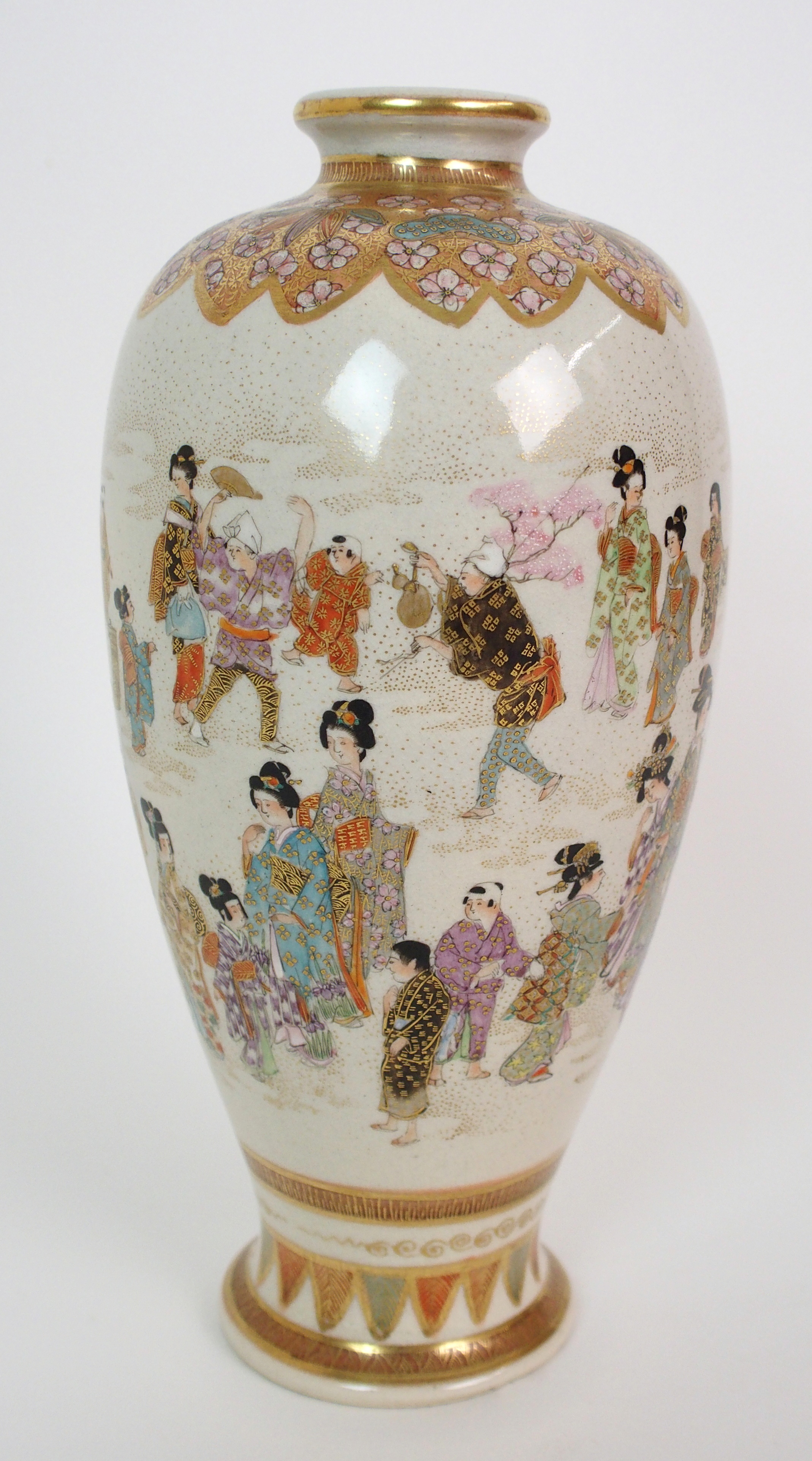 A Satsuma vase painted with numerous figures beneath a gilt foliate shoulder and above a stiff - Image 4 of 10