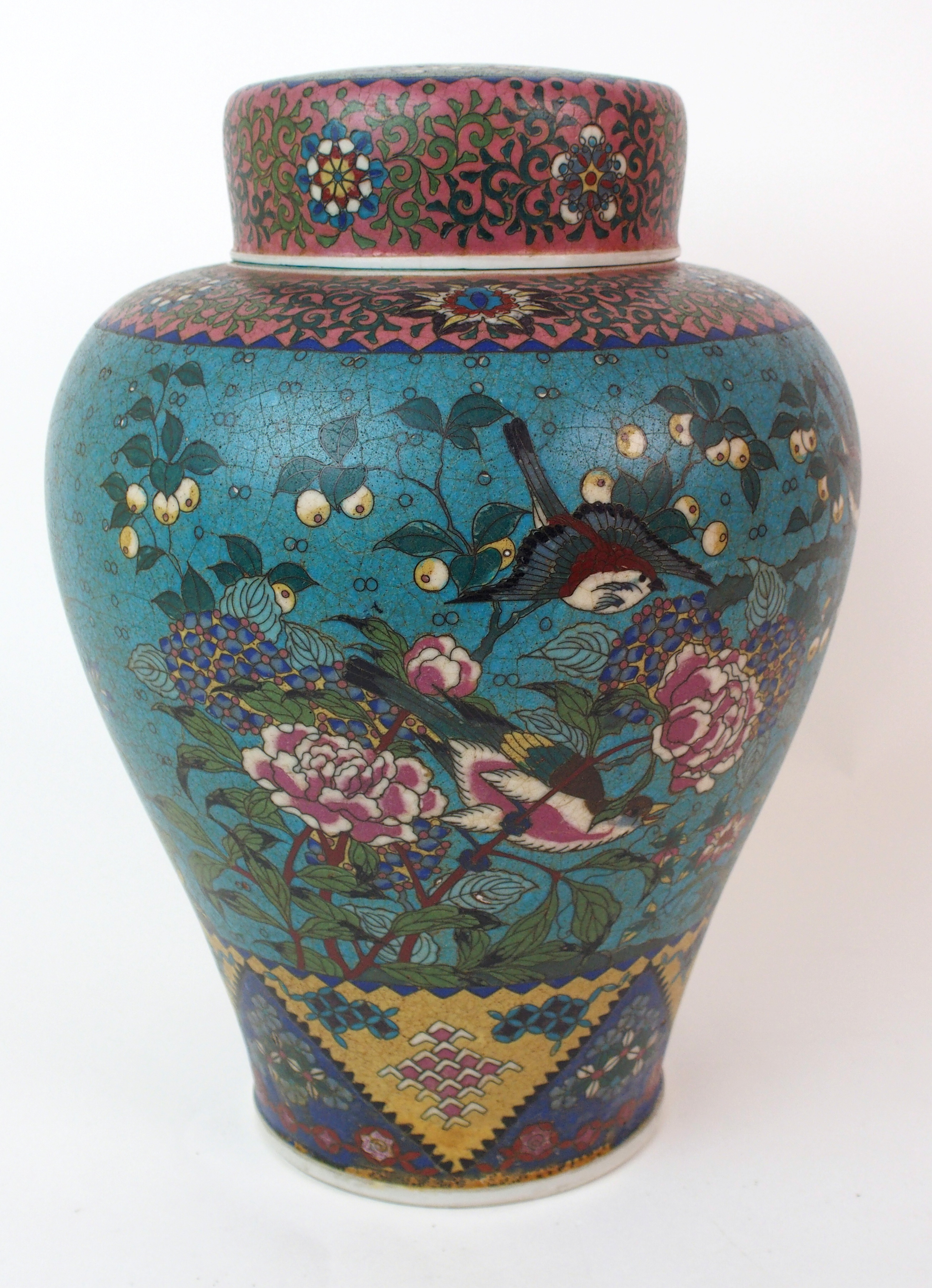 A Chinese cloisonne porcelain baluster jar and cover decorated with birds amongst flowers within - Image 3 of 10