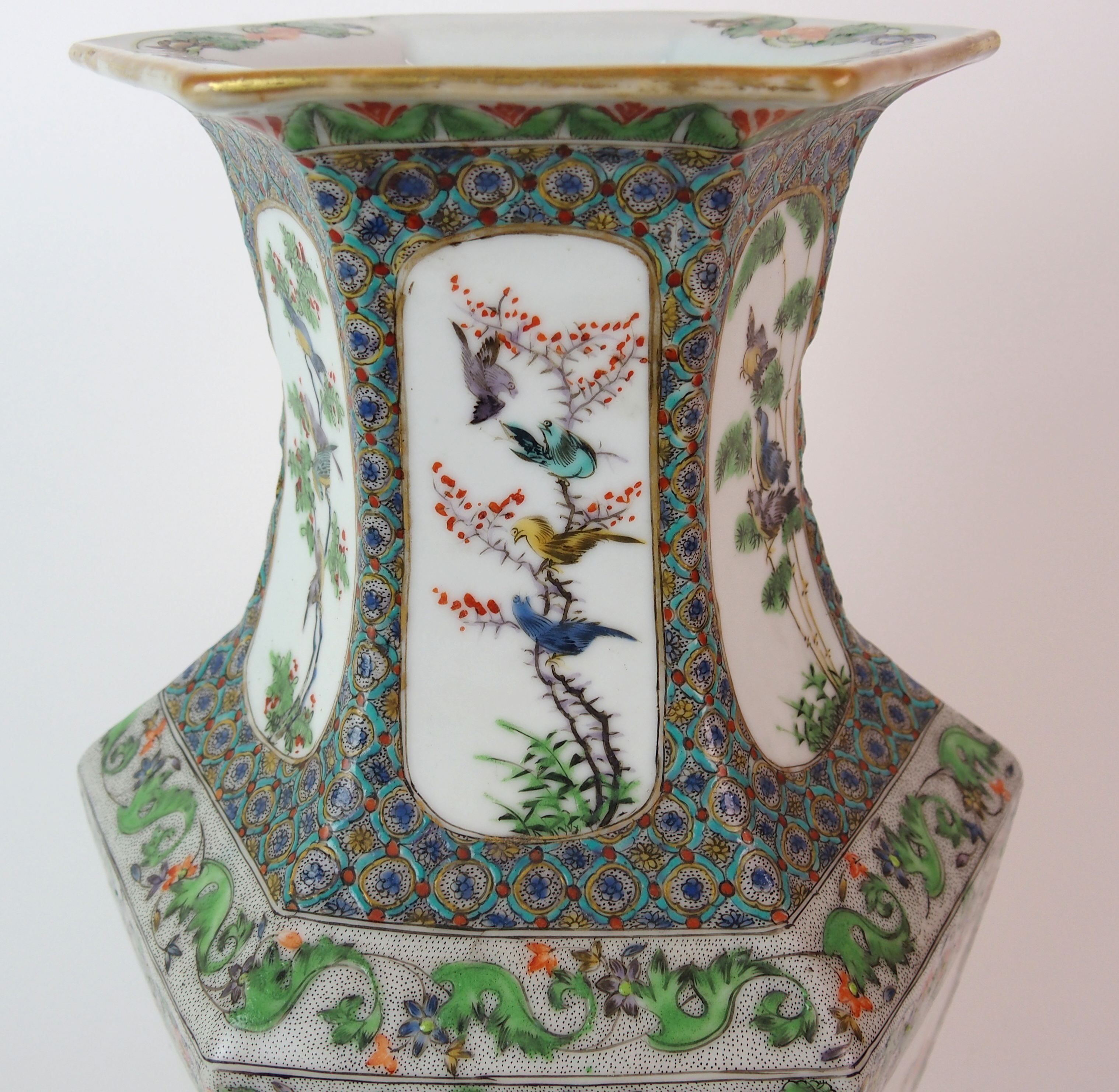 A Cantonese hexagonal tapering vase painted with panels of immortals within foliate and seed - Image 6 of 10