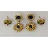 Two pairs of diamond and gem earrings the larger pair set in yellow metal are sapphires and