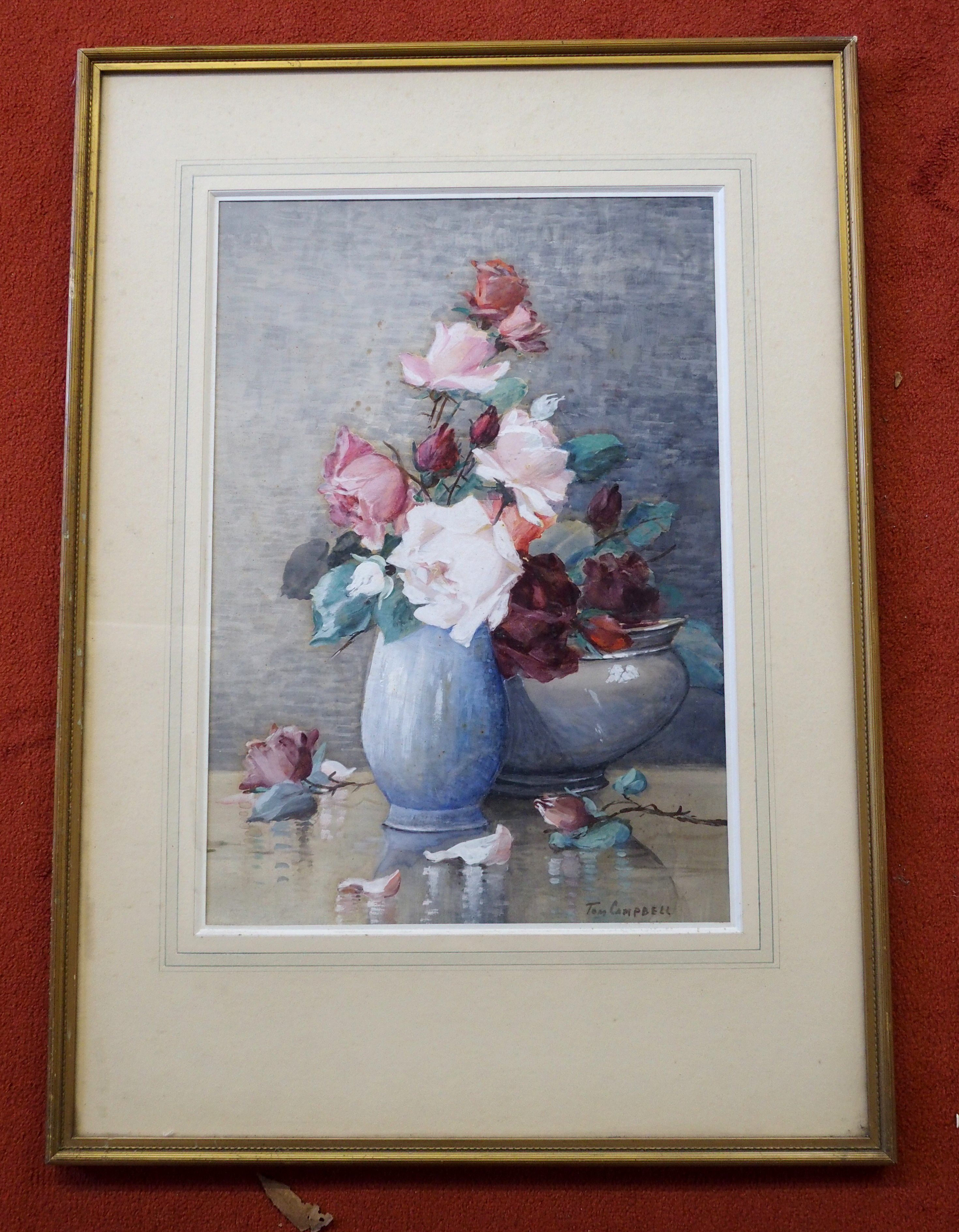 TOM CAMPBELL (Scottish 1865 - 1943) STILL LIFE WITH ROSES Watercolour, signed, 53 x 37cm (21 x 14 - Image 5 of 6