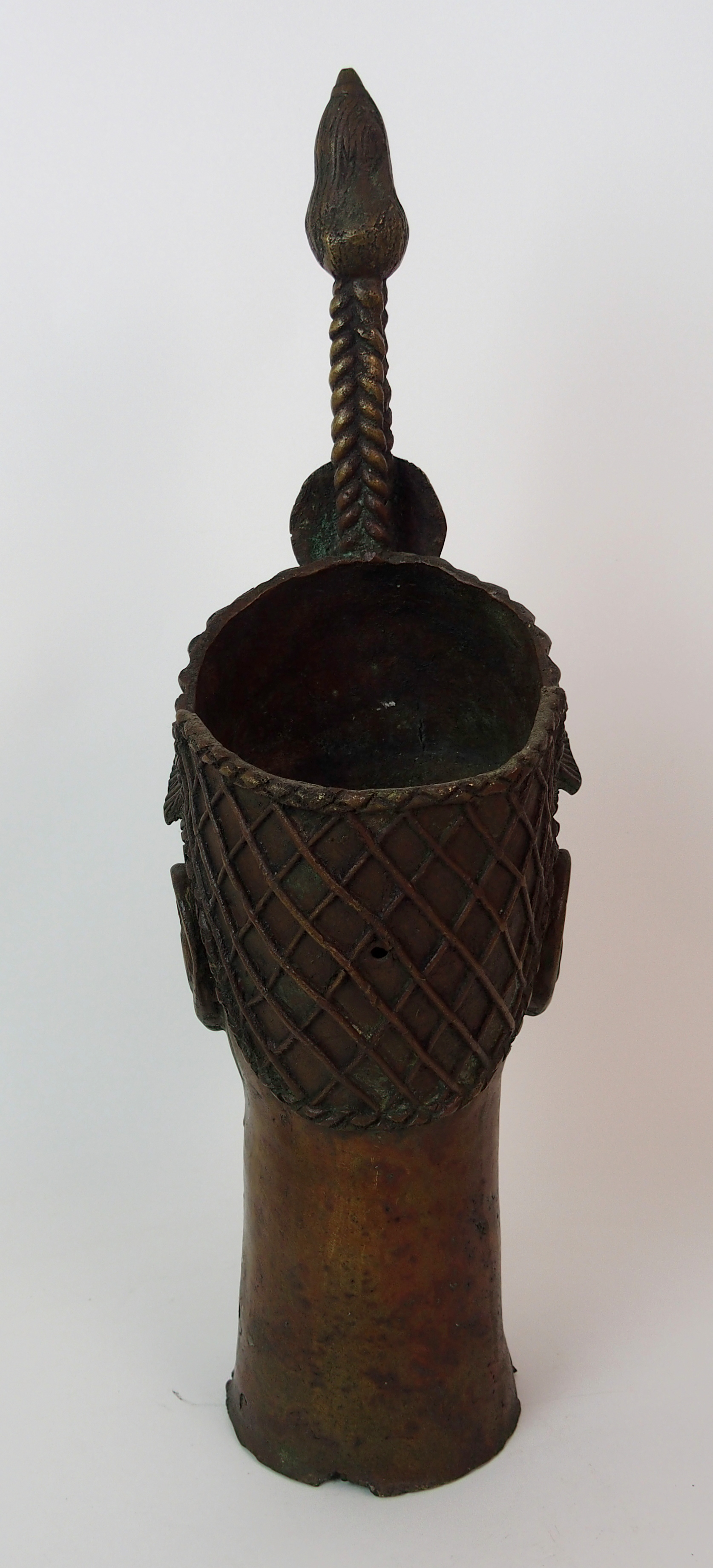 A Benin female brass head with high tied hair ornament with scarafied face, 52cm high - Image 8 of 10