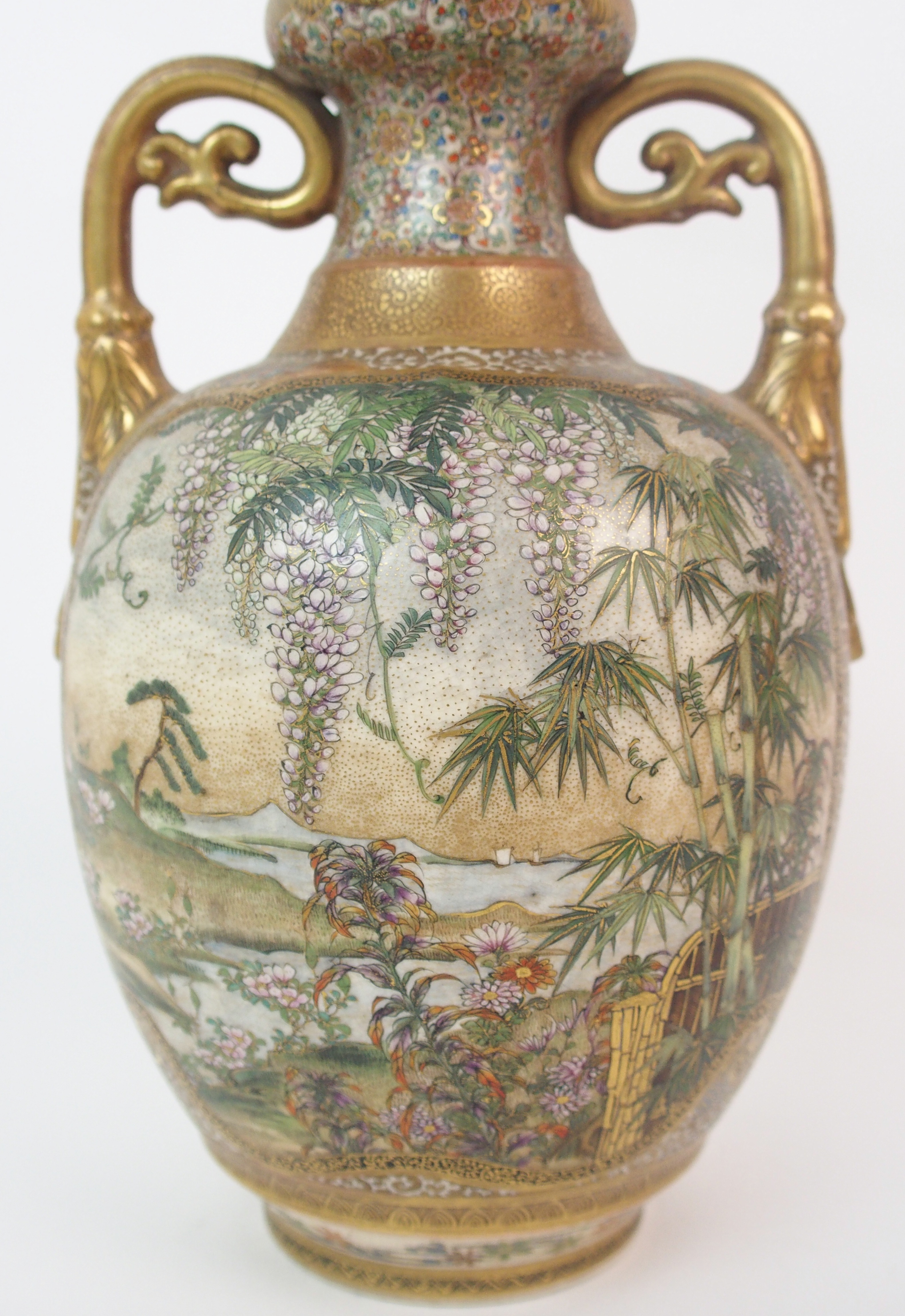 A Satsuma two-handled vase painted with figures in extensive landscapes divided by gilt diaper and - Image 8 of 10