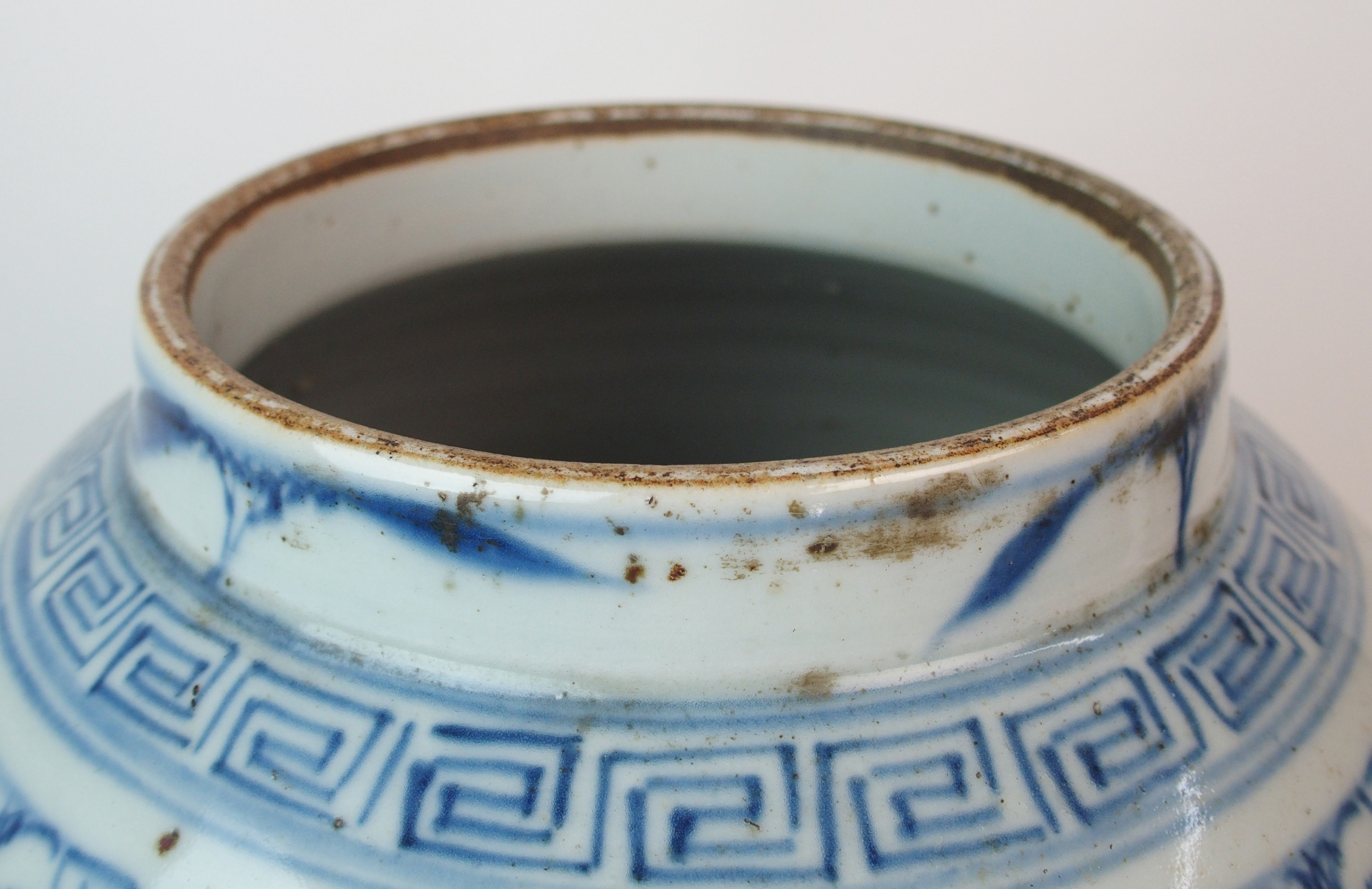 A Chinese blue and white tea jar painted with calligraphy and scrolling foliage, the domed cover and - Image 7 of 10