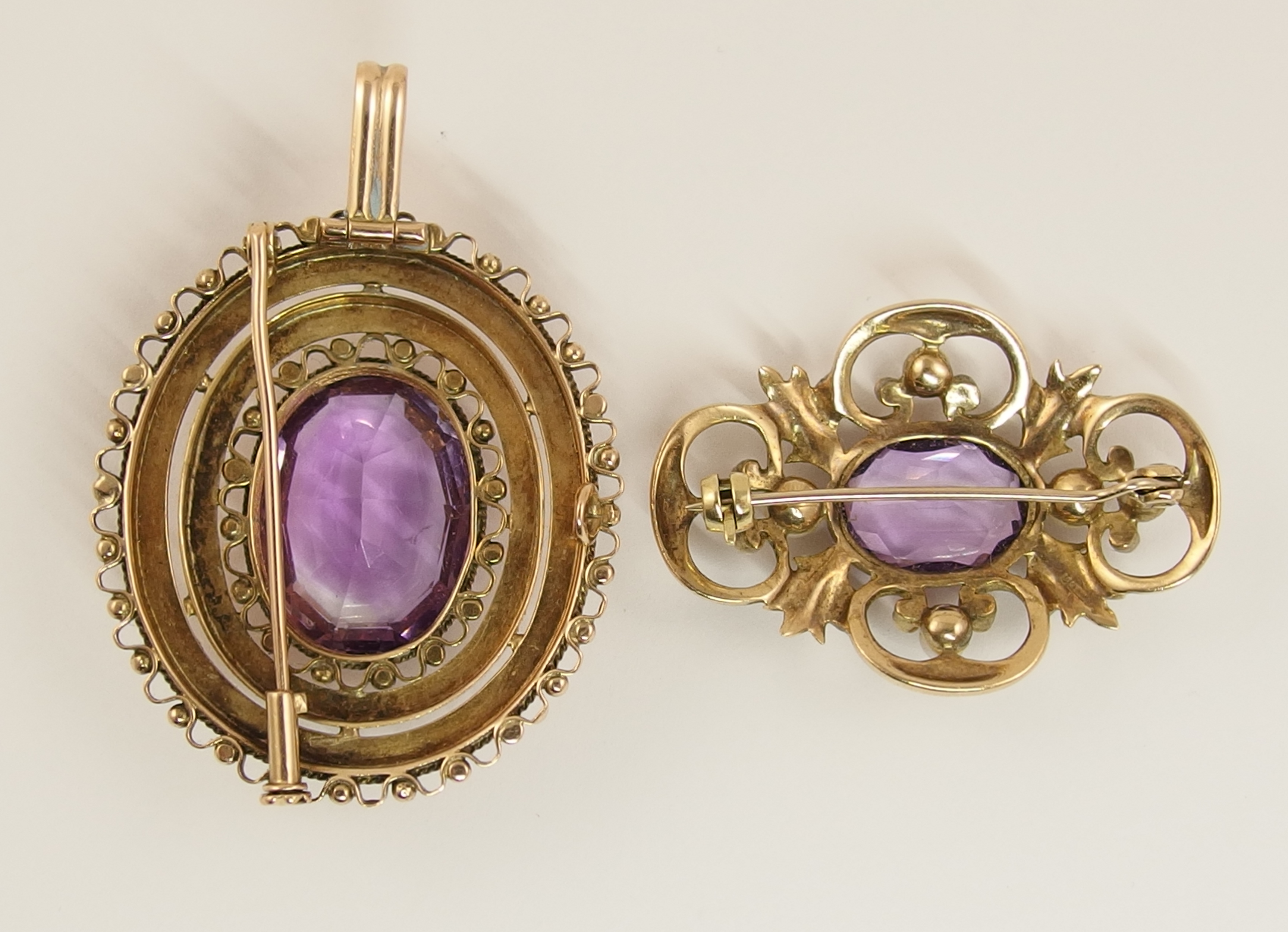 Two rose gold Victorian amethyst set brooches one is also a pendant with delicate filigree and - Image 2 of 2