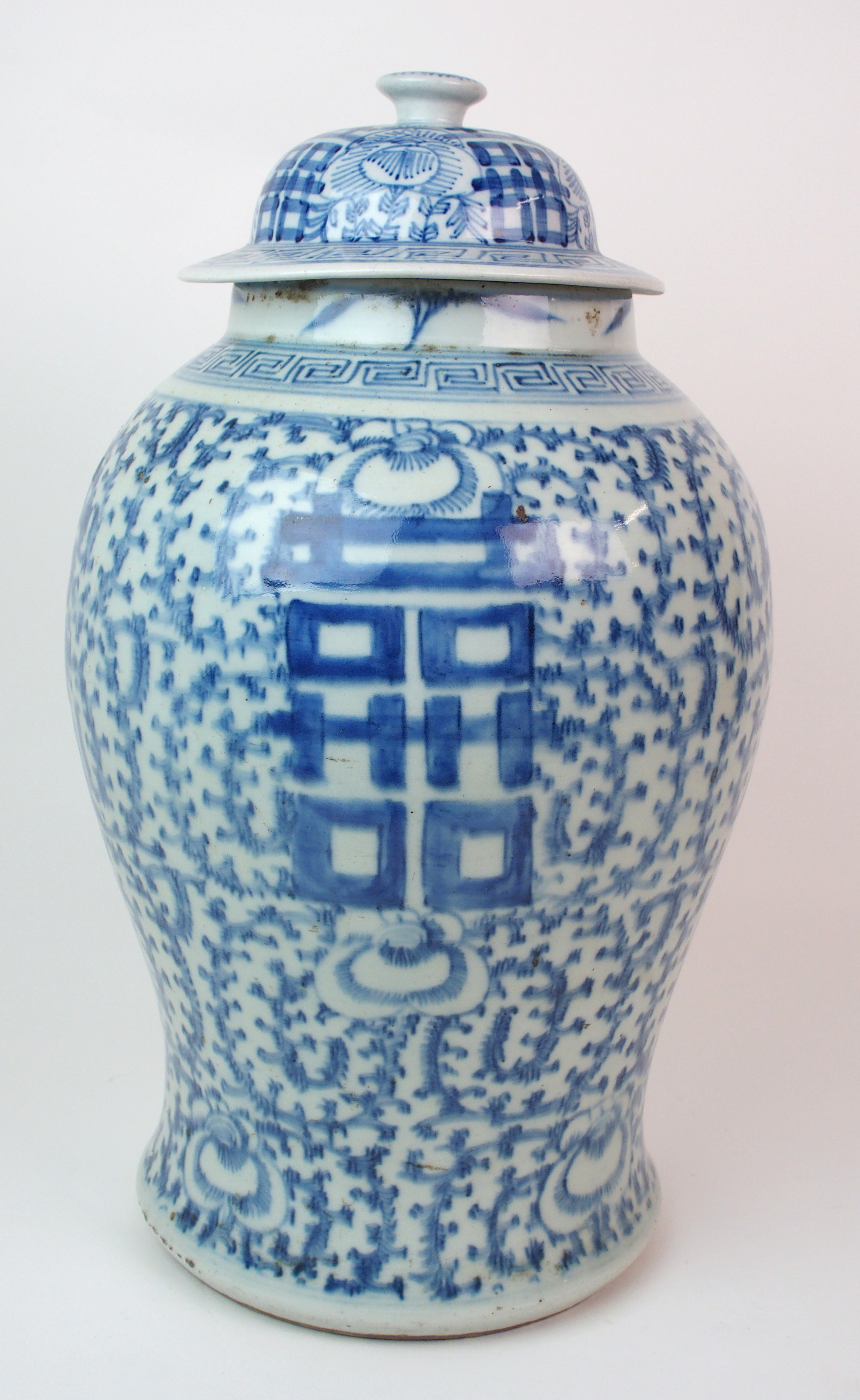 A Chinese blue and white tea jar painted with calligraphy and scrolling foliage, the domed cover and - Image 3 of 10