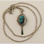 A silver Charles Horner pendant the centre set with a turquoise with a green enamel drop, length