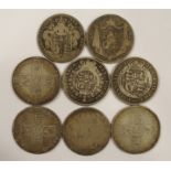 Seven British Half Crowns 1697 William III, fair condition William and Mary, date obscured, very
