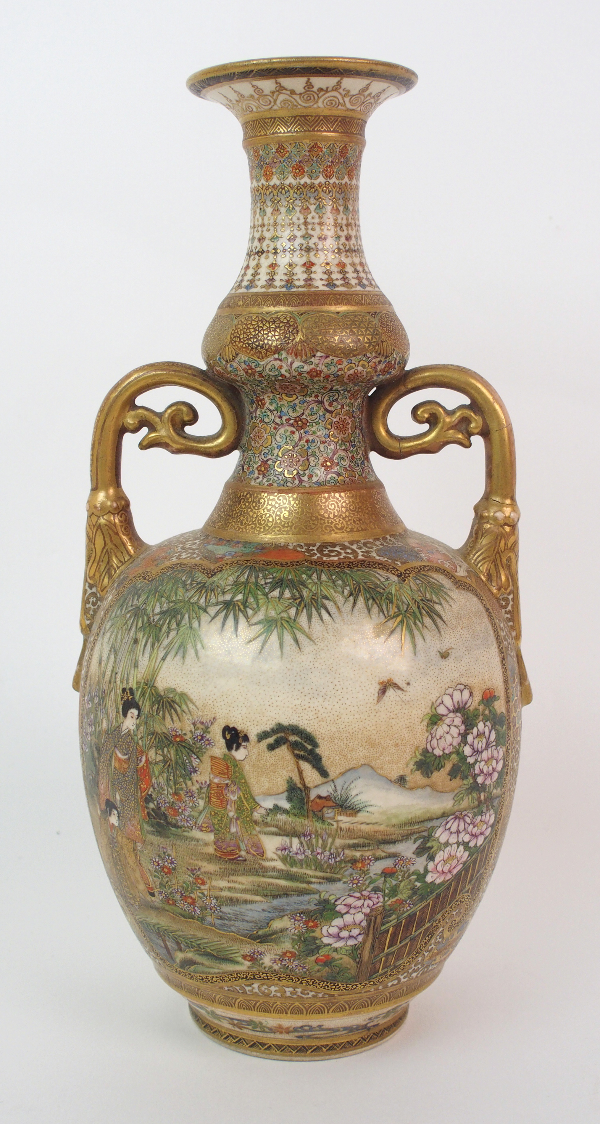 A Satsuma two-handled vase painted with figures in extensive landscapes divided by gilt diaper and