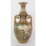 A Satsuma two-handled vase painted with figures in extensive landscapes divided by gilt diaper and