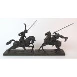 A pair of cast patinated bronze figures each depicting a jousting knight on horseback, raised on