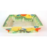 A Clarice Cliff Bizarre "Delicia Citrus" pattern square dish circa 1930, everted rim with band of