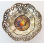 A Royal Worcester painted miniature fruit plate with silver mount painted with two apples and a