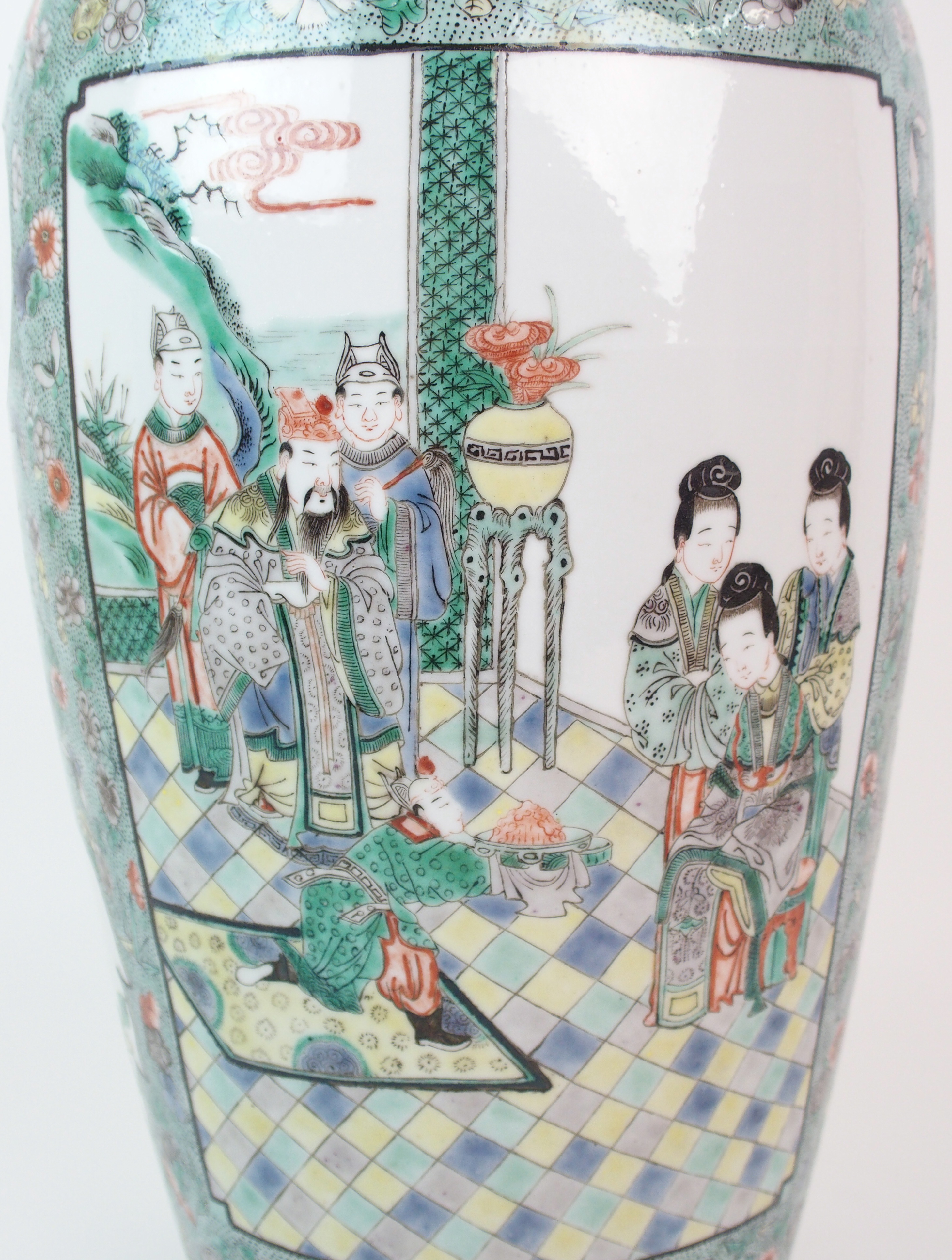A Chinese famille verte baluster vase painted with panels of courtiers in pavilions divided by - Image 2 of 10