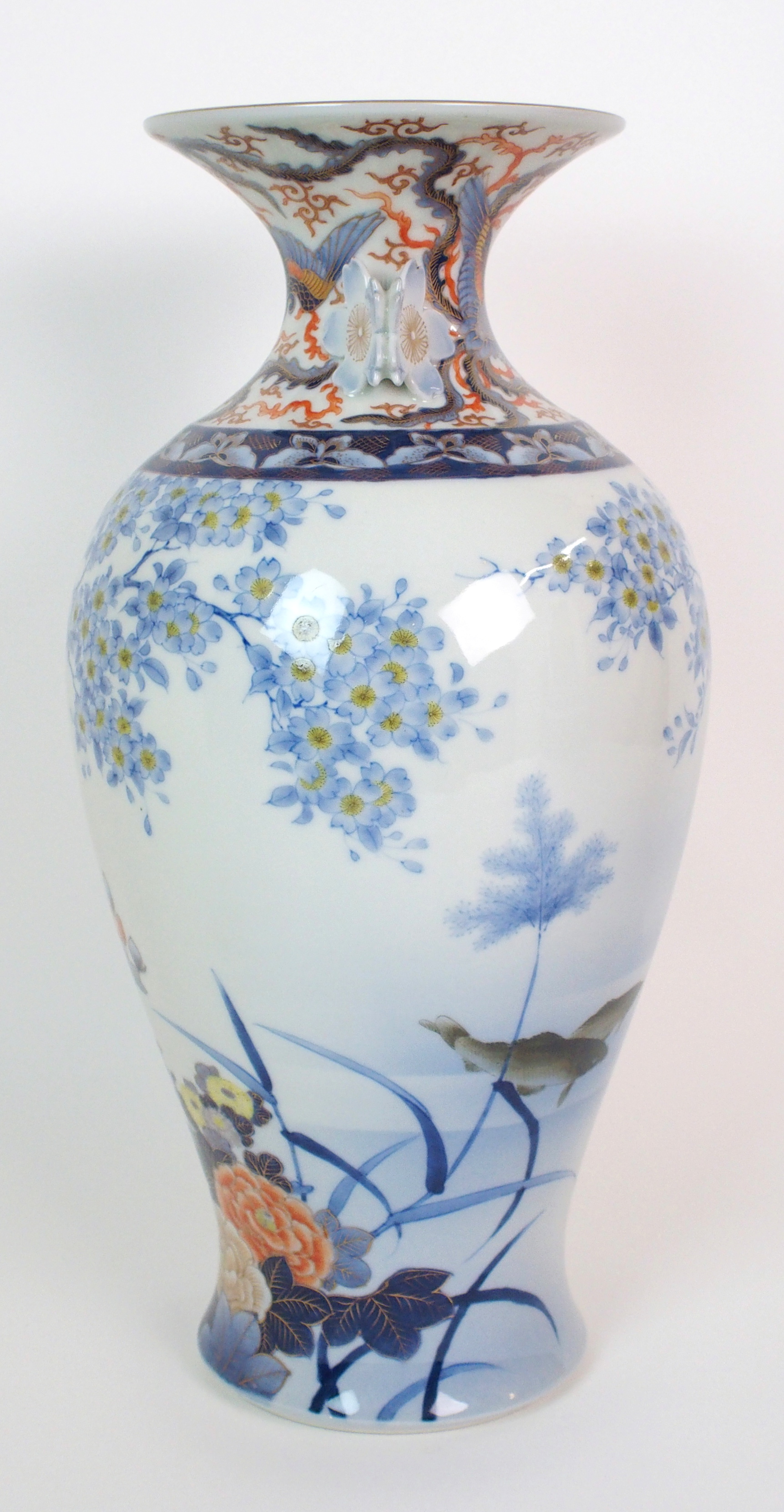 A Fukagawa baluster vase painted with fish beneath blossoming branches with Ho-o birds to neck and - Image 4 of 10