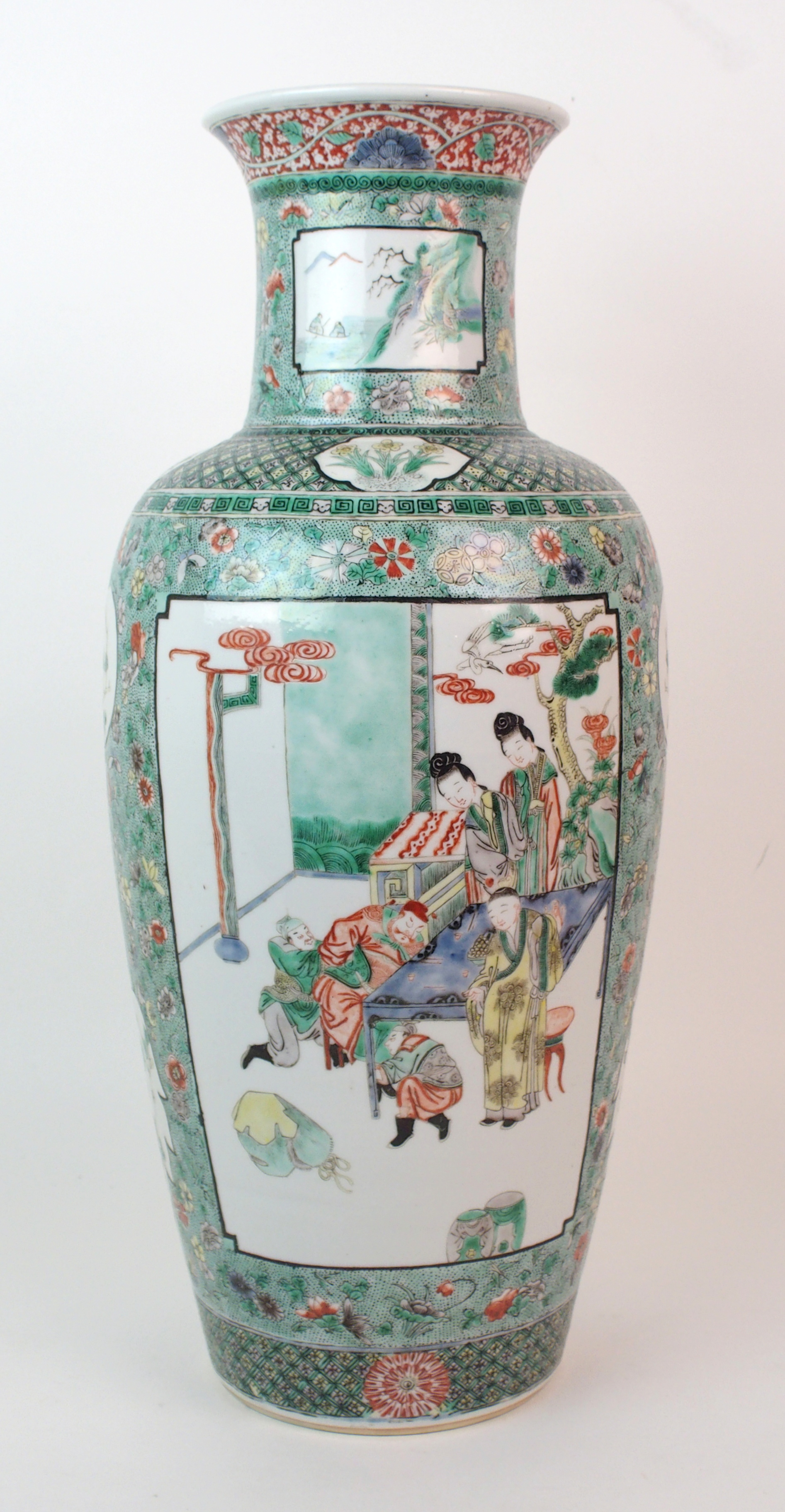 A Chinese famille verte baluster vase painted with panels of courtiers in pavilions divided by - Image 6 of 10