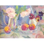 •JOSEPHINE GRAHAM (Scottish Contemporary) STILL LIFE WITH ROSES, PANSIES AND PEACHES Oil on board,