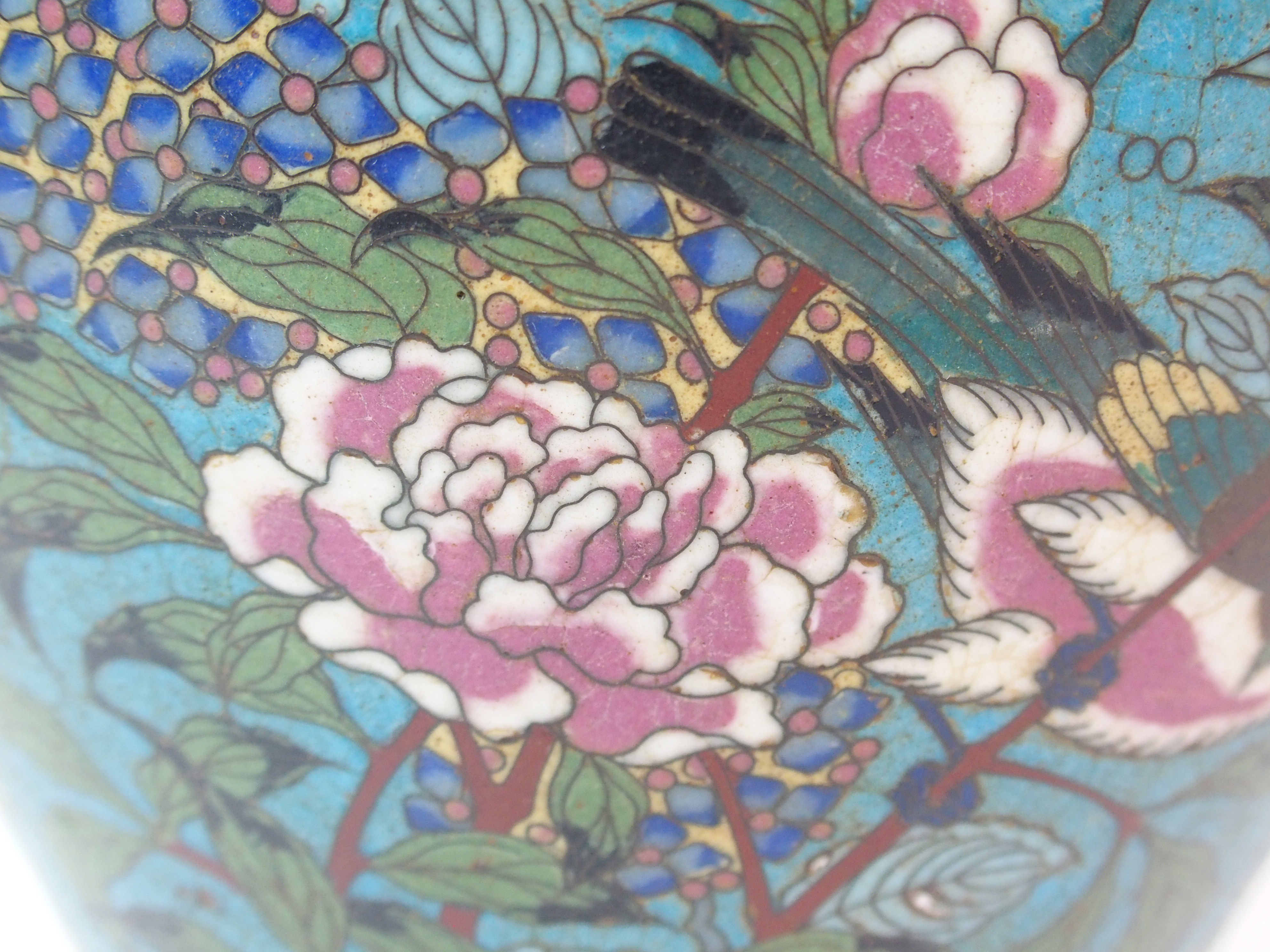 A Chinese cloisonne porcelain baluster jar and cover decorated with birds amongst flowers within - Image 4 of 10