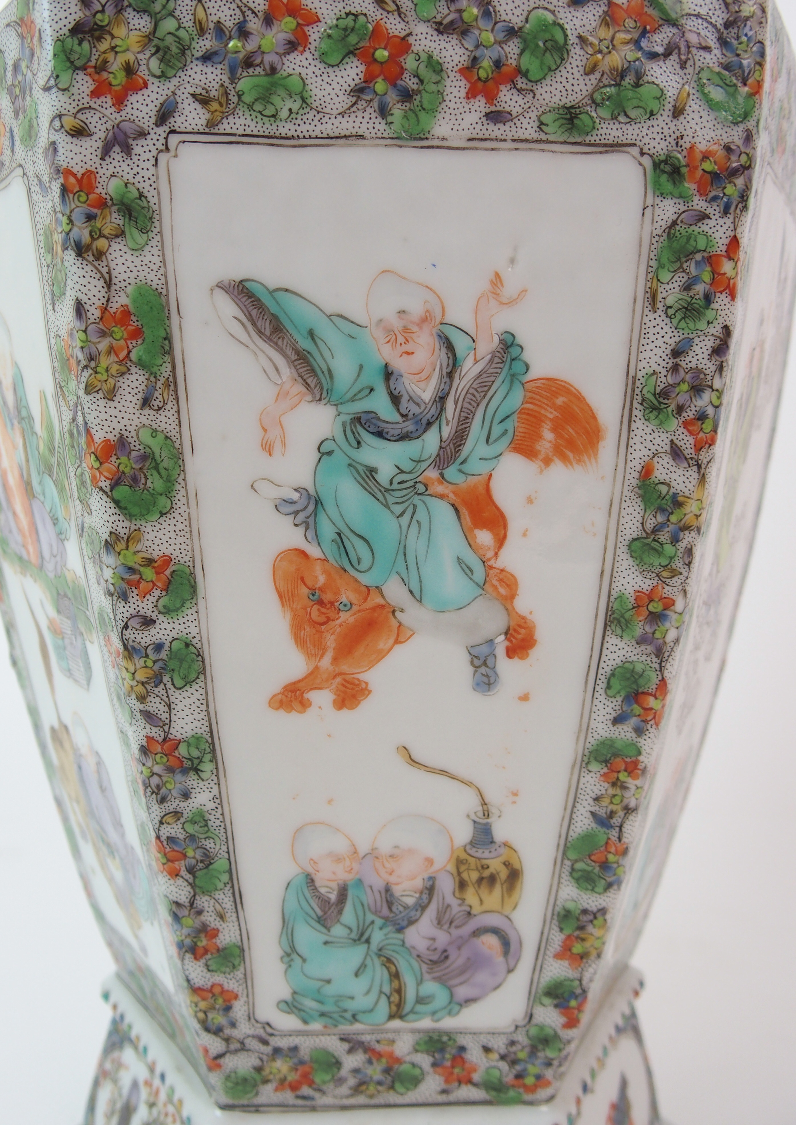 A Cantonese hexagonal tapering vase painted with panels of immortals within foliate and seed - Image 10 of 10
