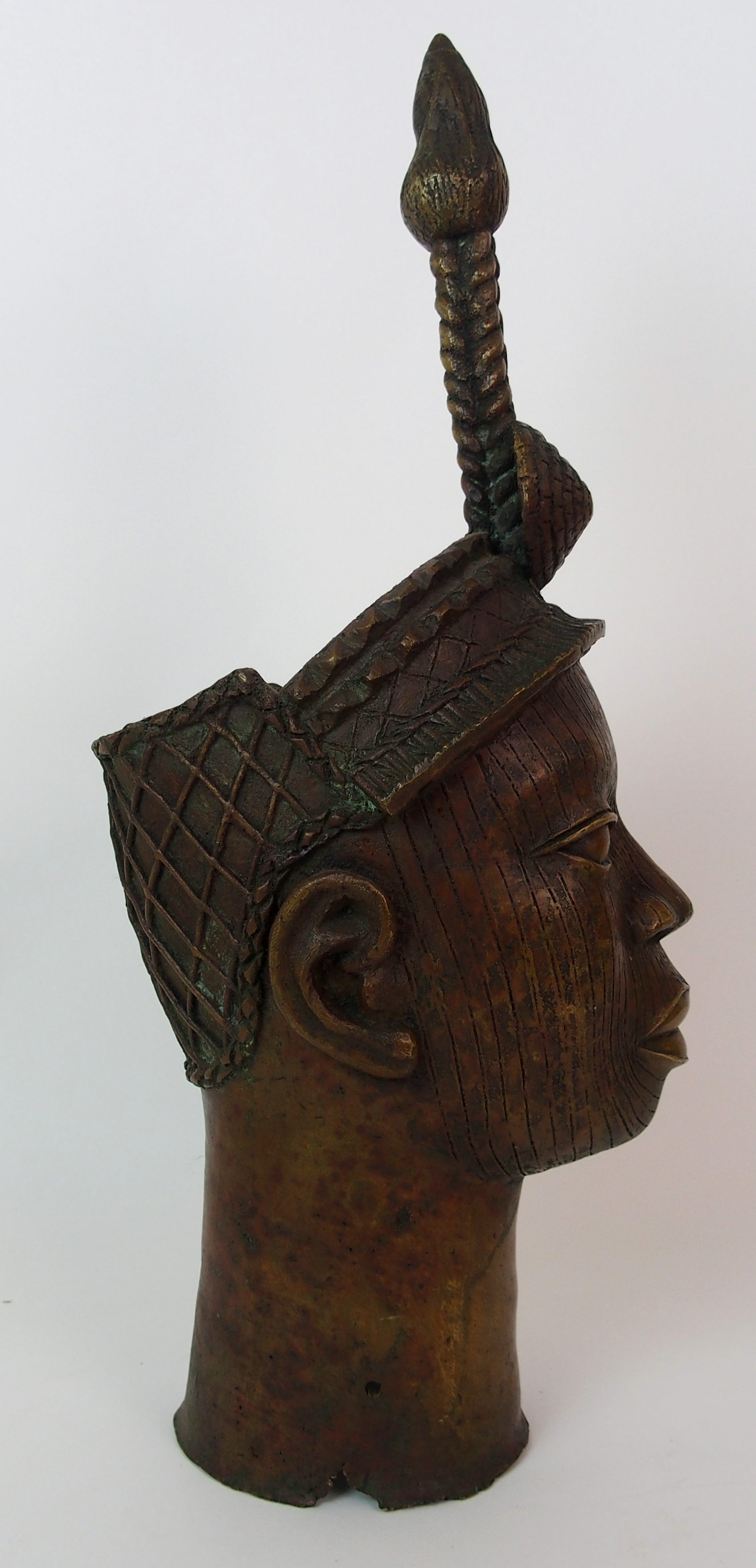 A Benin female brass head with high tied hair ornament with scarafied face, 52cm high - Image 4 of 10