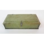 A Mughal jade rectangular box with white metal pierced strap hinges, 17.5cm wide