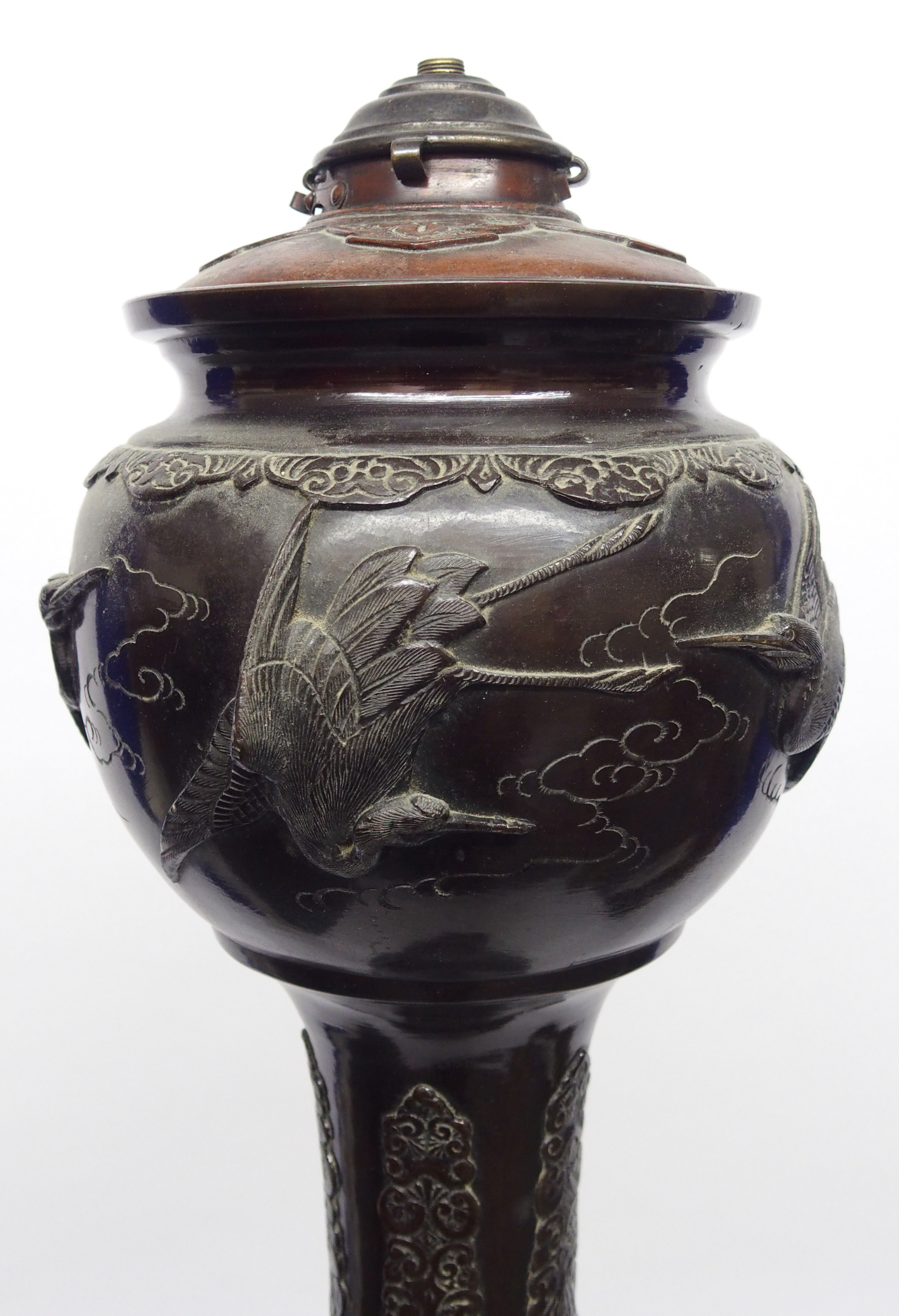 A large Japanese bronze oil lamp cast in sections with cranes, dragons, turtles, lappets, clouds and - Image 2 of 10