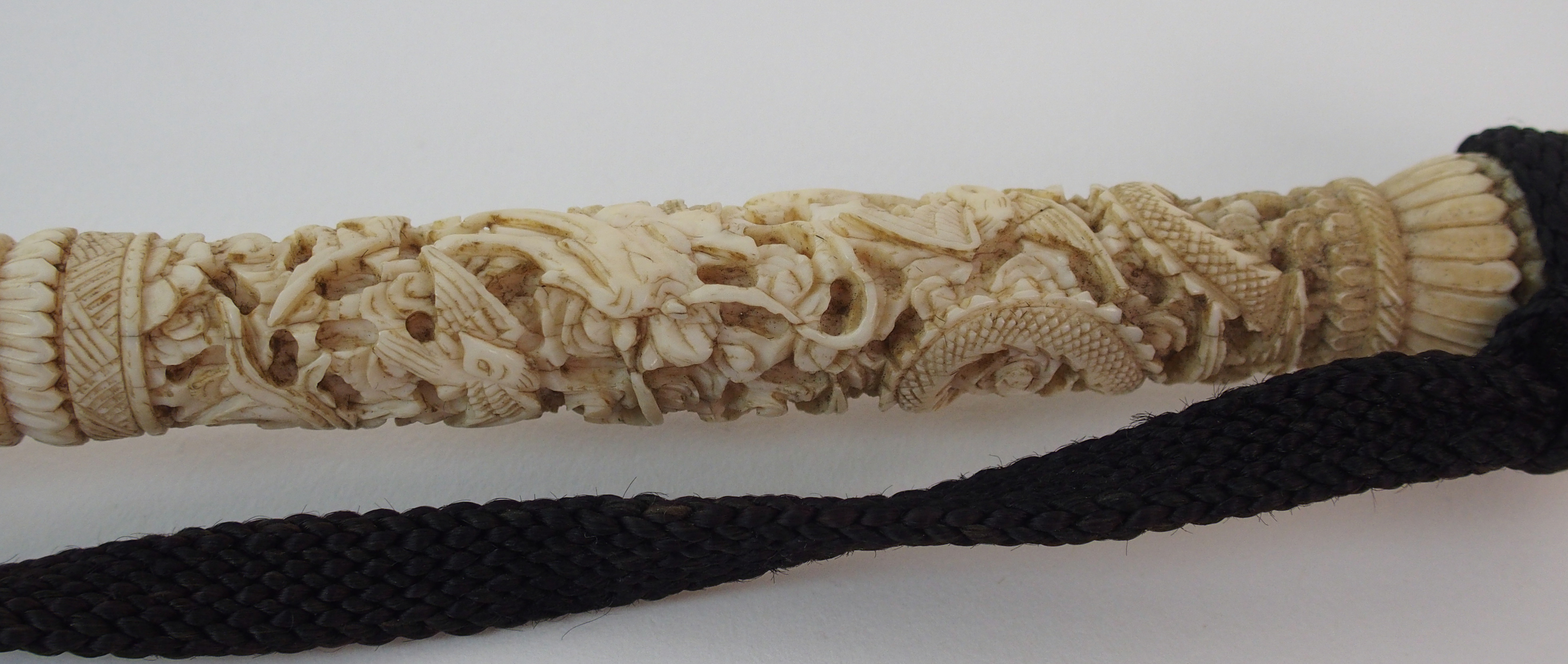 A Chinese ivory parasol the handle carved with dragons and foliage (chip to terminal), handle 29cm - Image 5 of 10