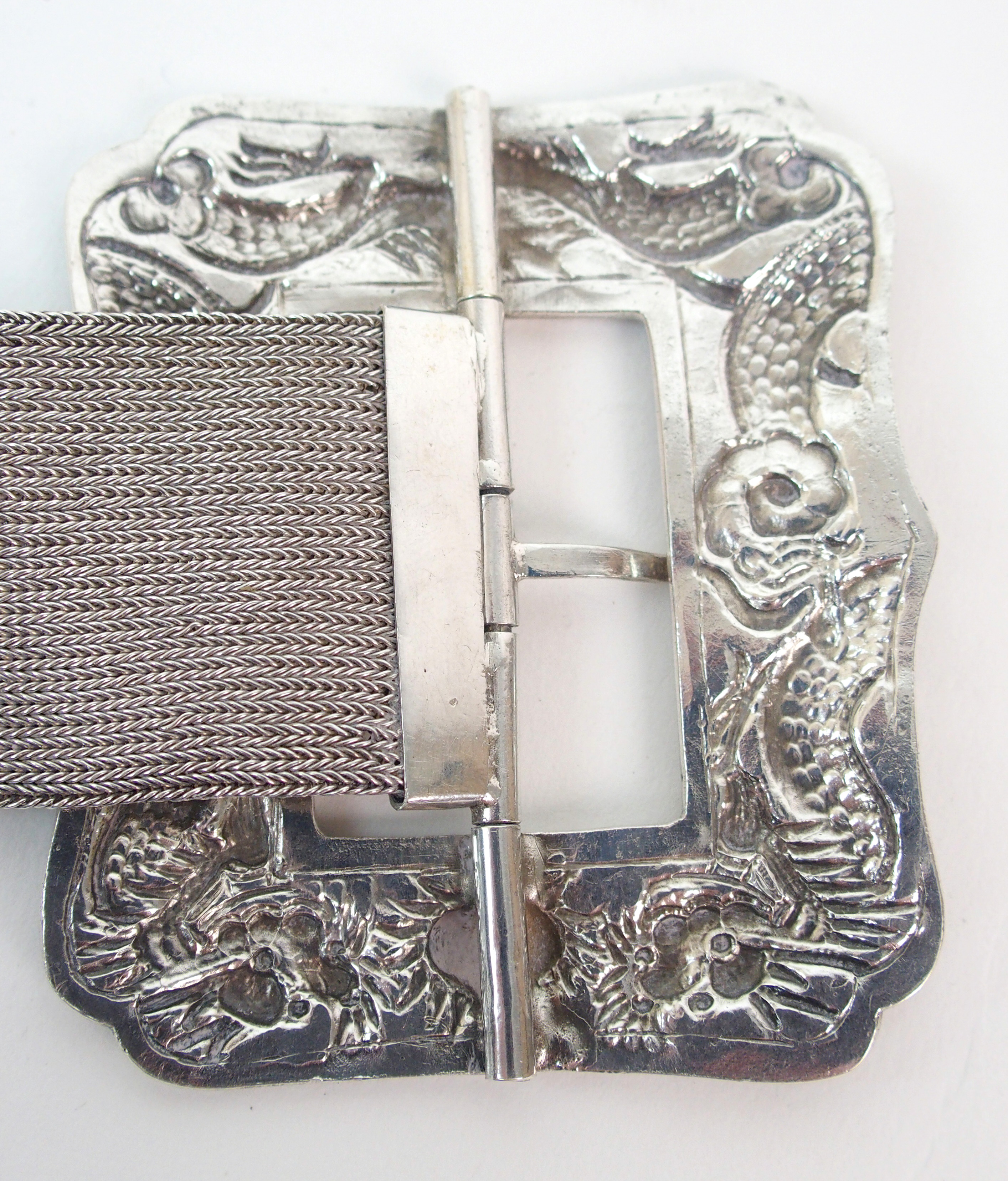A Chinese silver mesh belt applied with shou characters, the buckle cast with dragons chasing the - Image 3 of 10