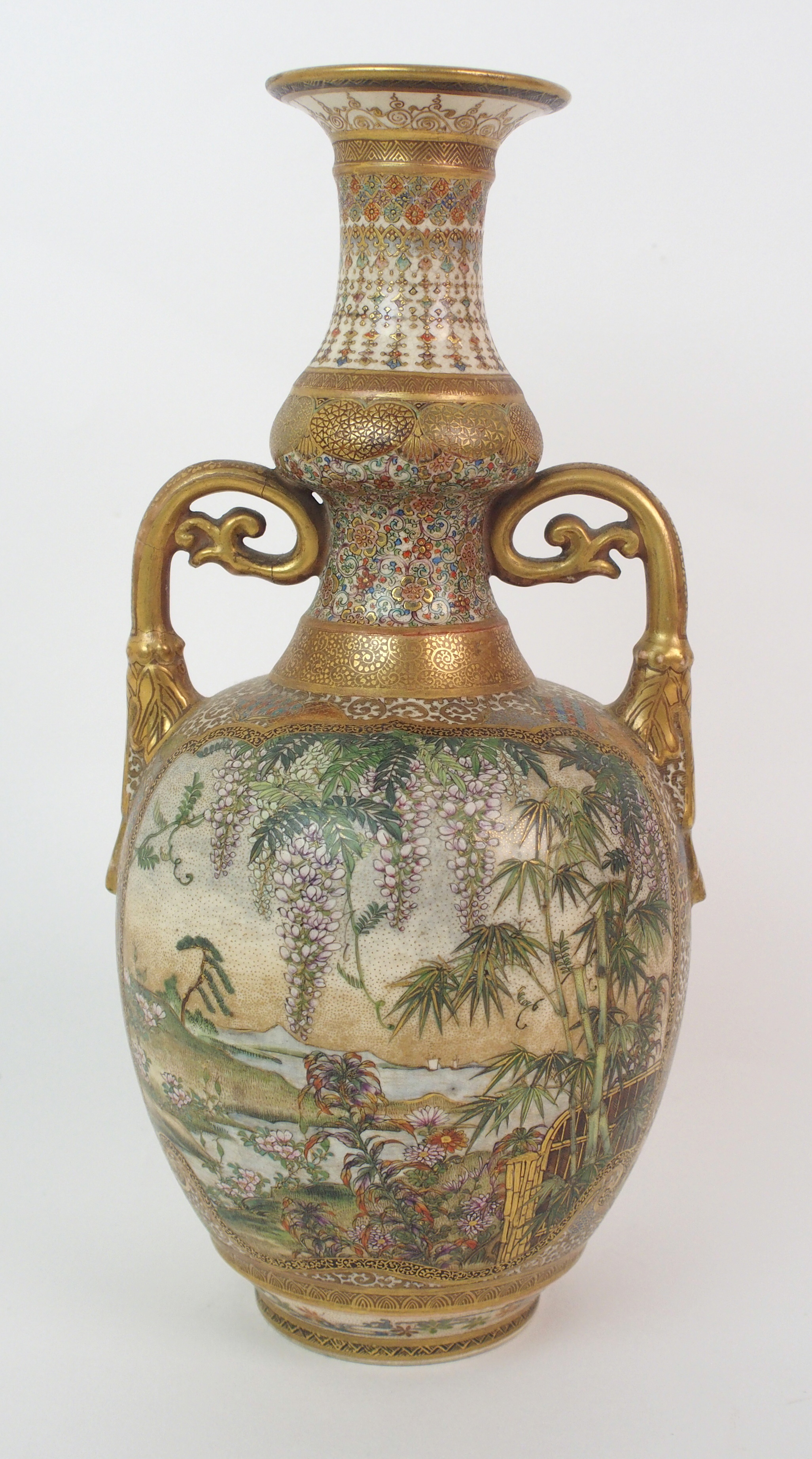 A Satsuma two-handled vase painted with figures in extensive landscapes divided by gilt diaper and - Image 7 of 10