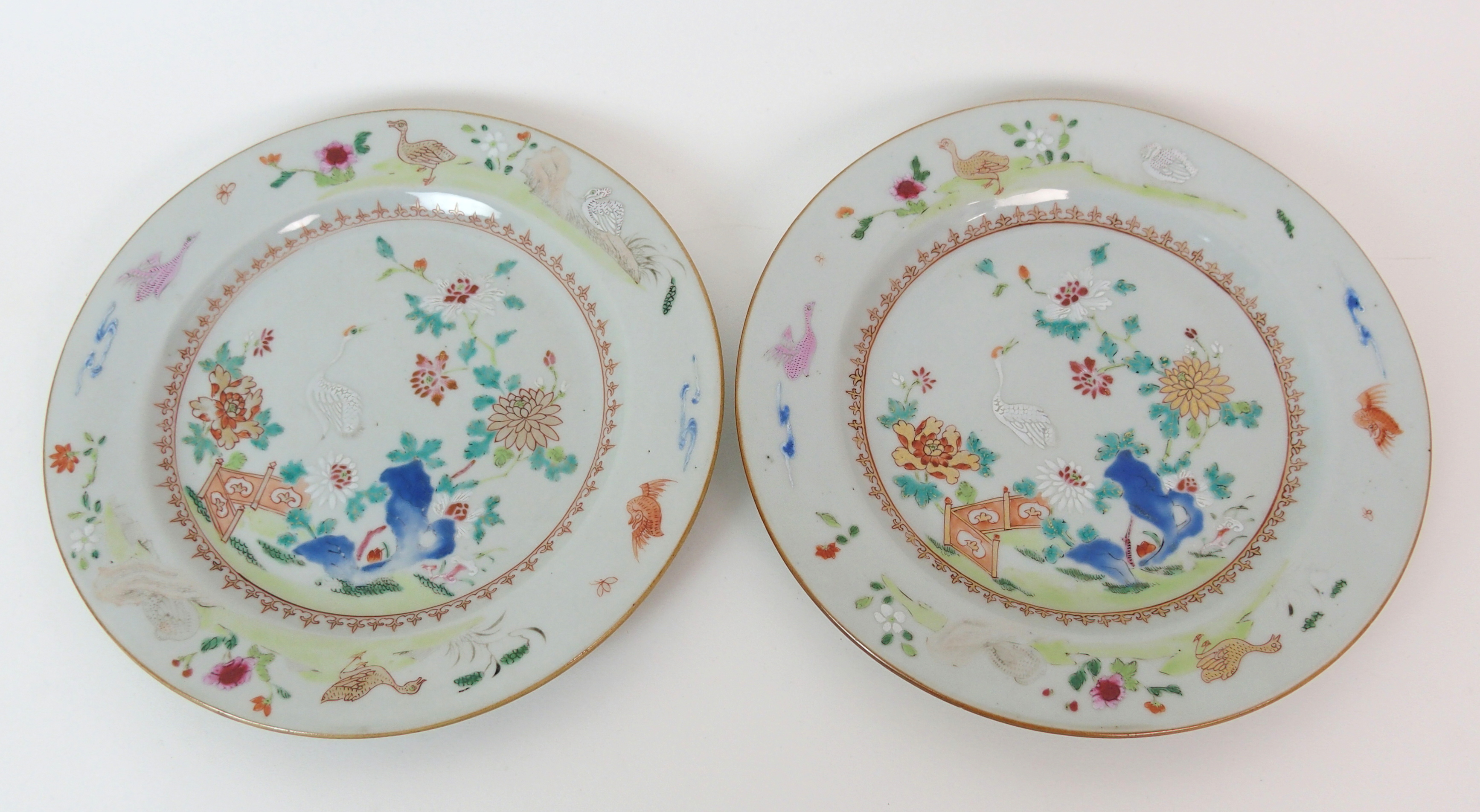 A Chinese famille rose export charger painted with a peacock and hen within a border of birds and - Image 6 of 10