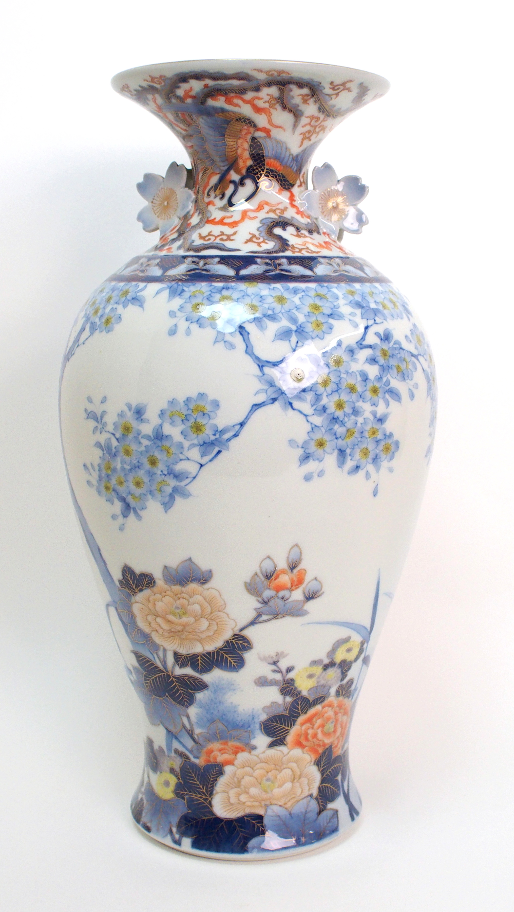 A Fukagawa baluster vase painted with fish beneath blossoming branches with Ho-o birds to neck and - Image 2 of 10