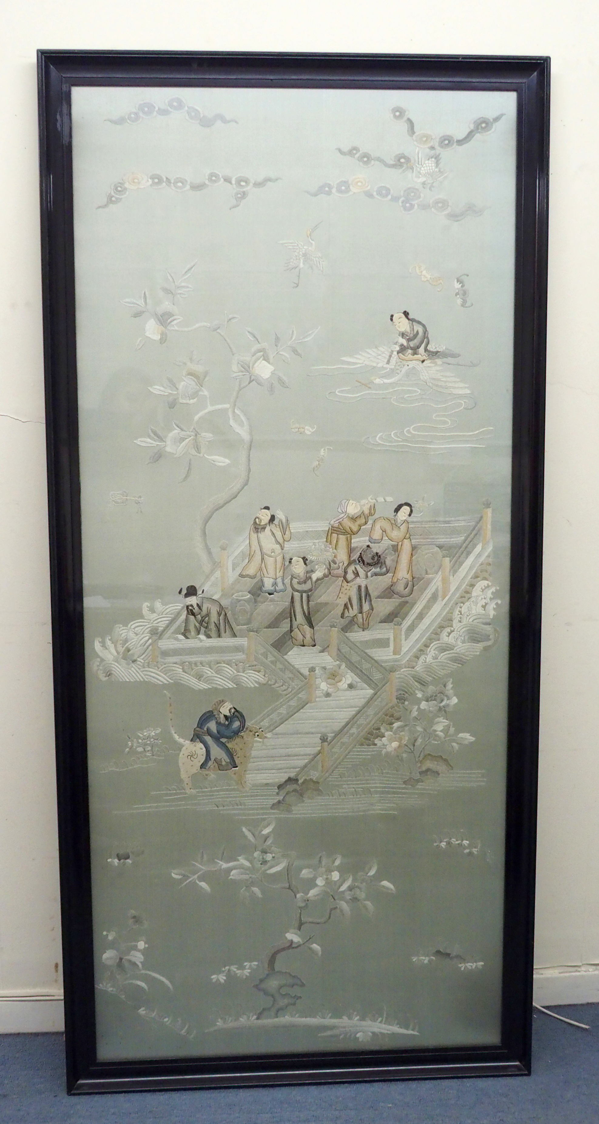 A Chinese silk embroidered picture of figures in a walled garden on an island amongst foliage, 156 x - Image 2 of 8