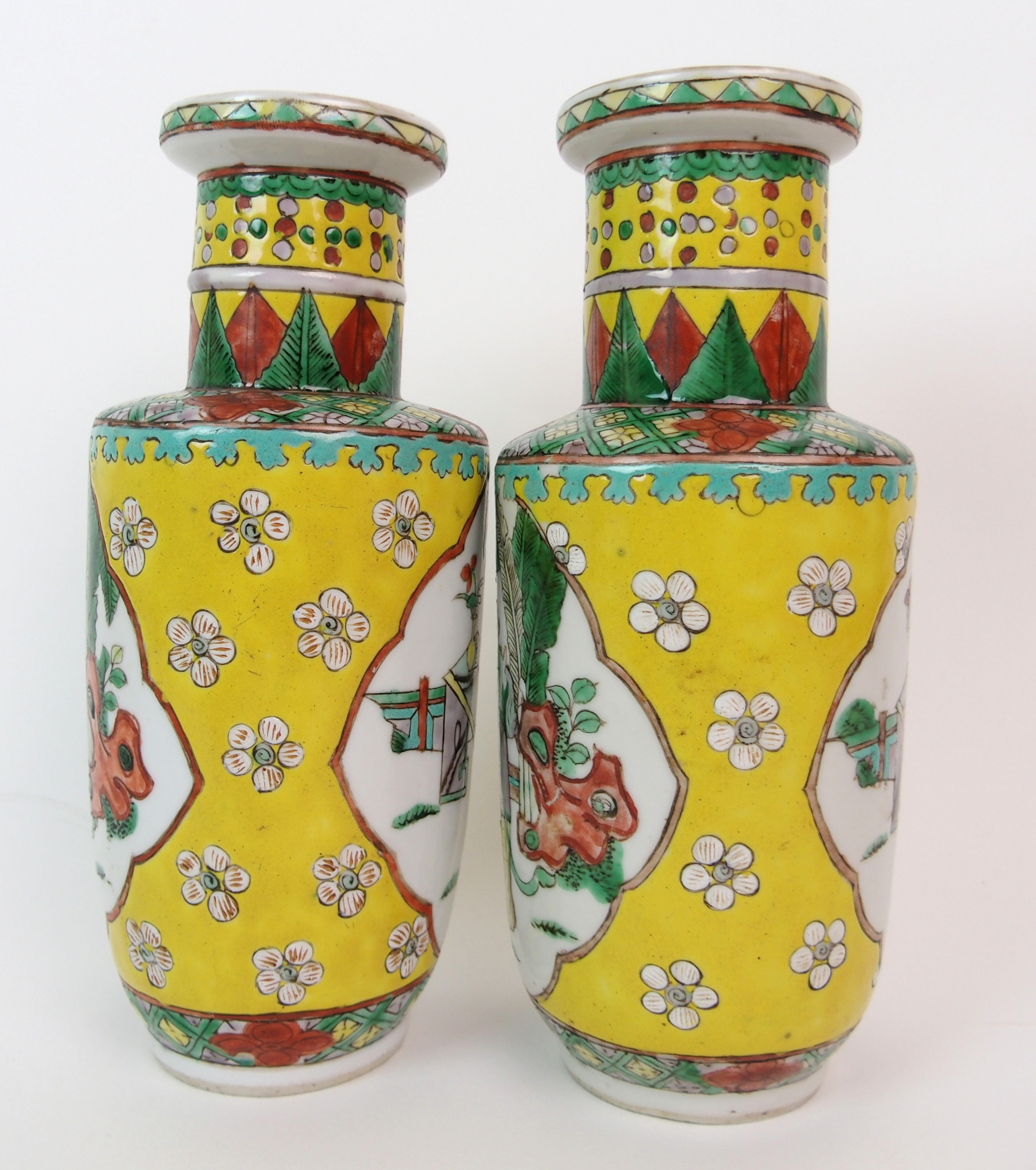 A pair of Chinese famille verte vases on a yellow ground, painted with panels of figures in ogival - Image 4 of 10
