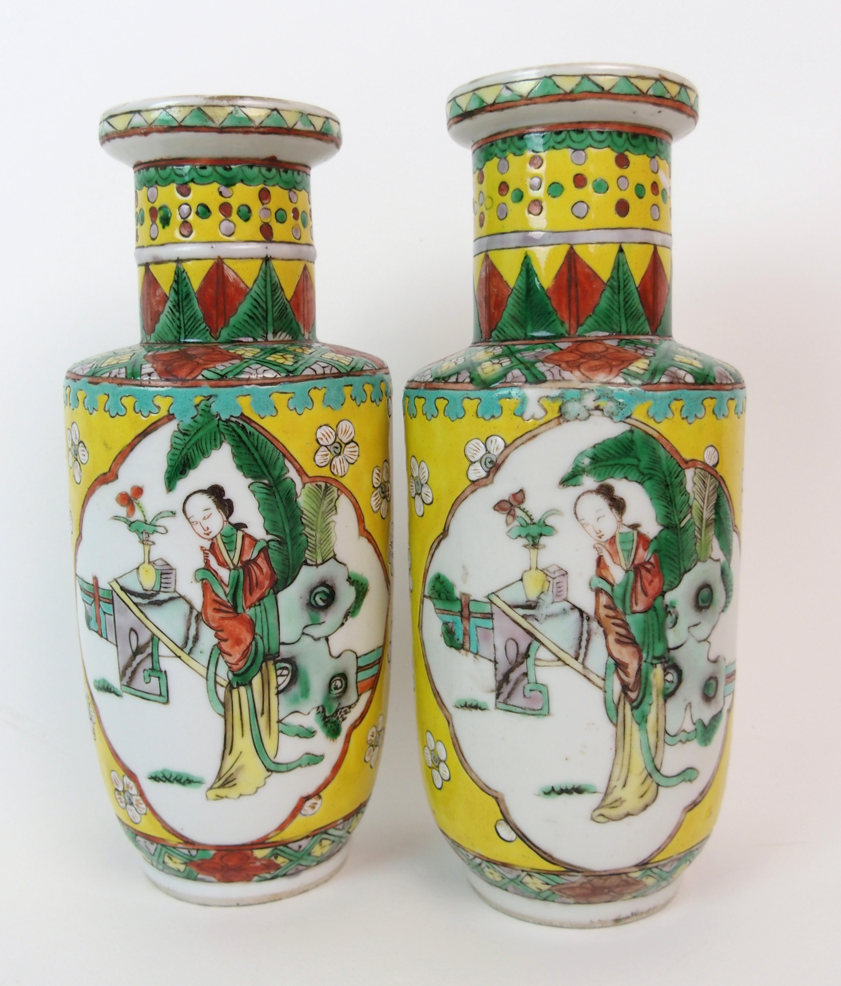 A pair of Chinese famille verte vases on a yellow ground, painted with panels of figures in ogival - Image 3 of 10
