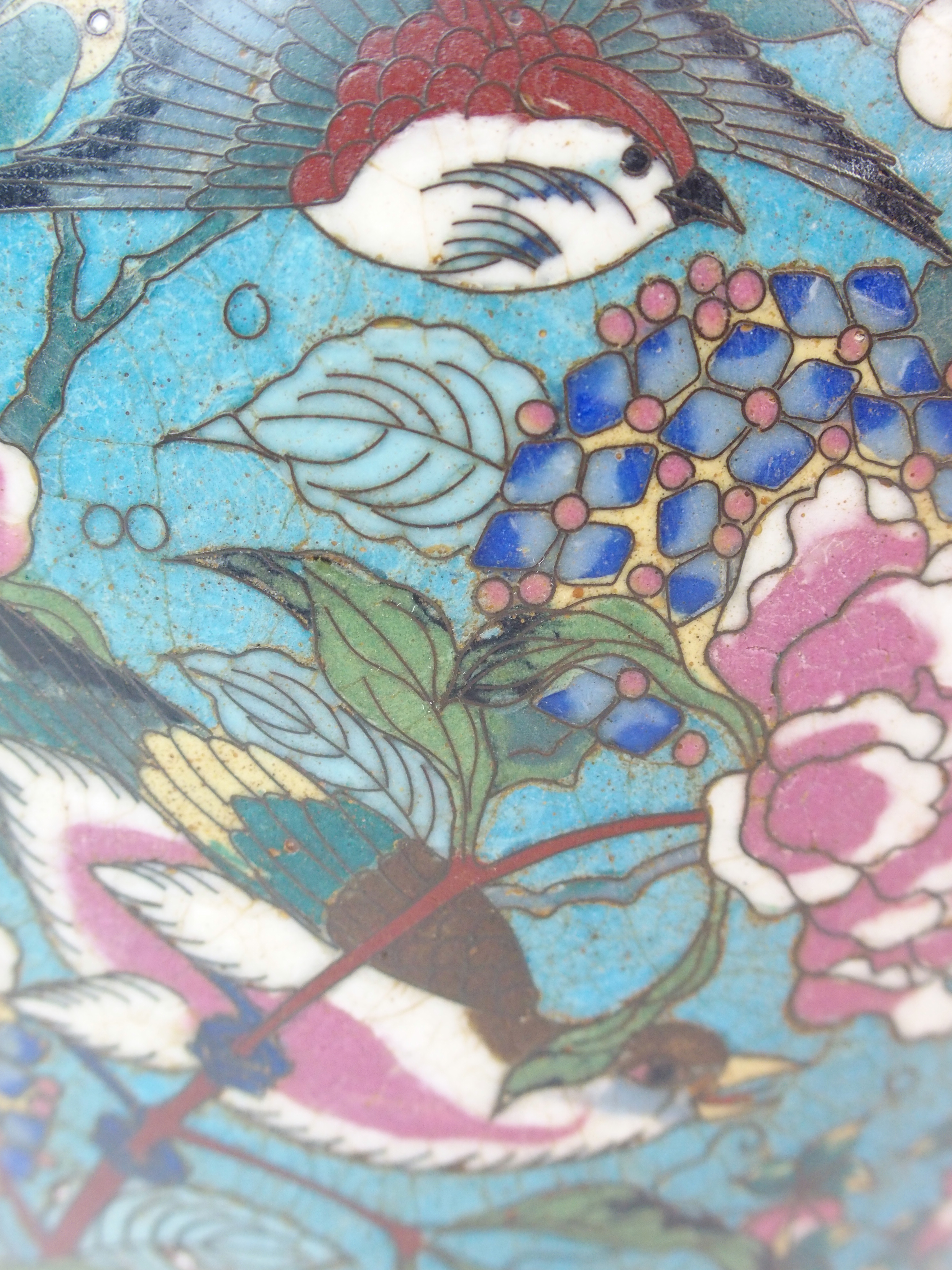 A Chinese cloisonne porcelain baluster jar and cover decorated with birds amongst flowers within - Image 5 of 10