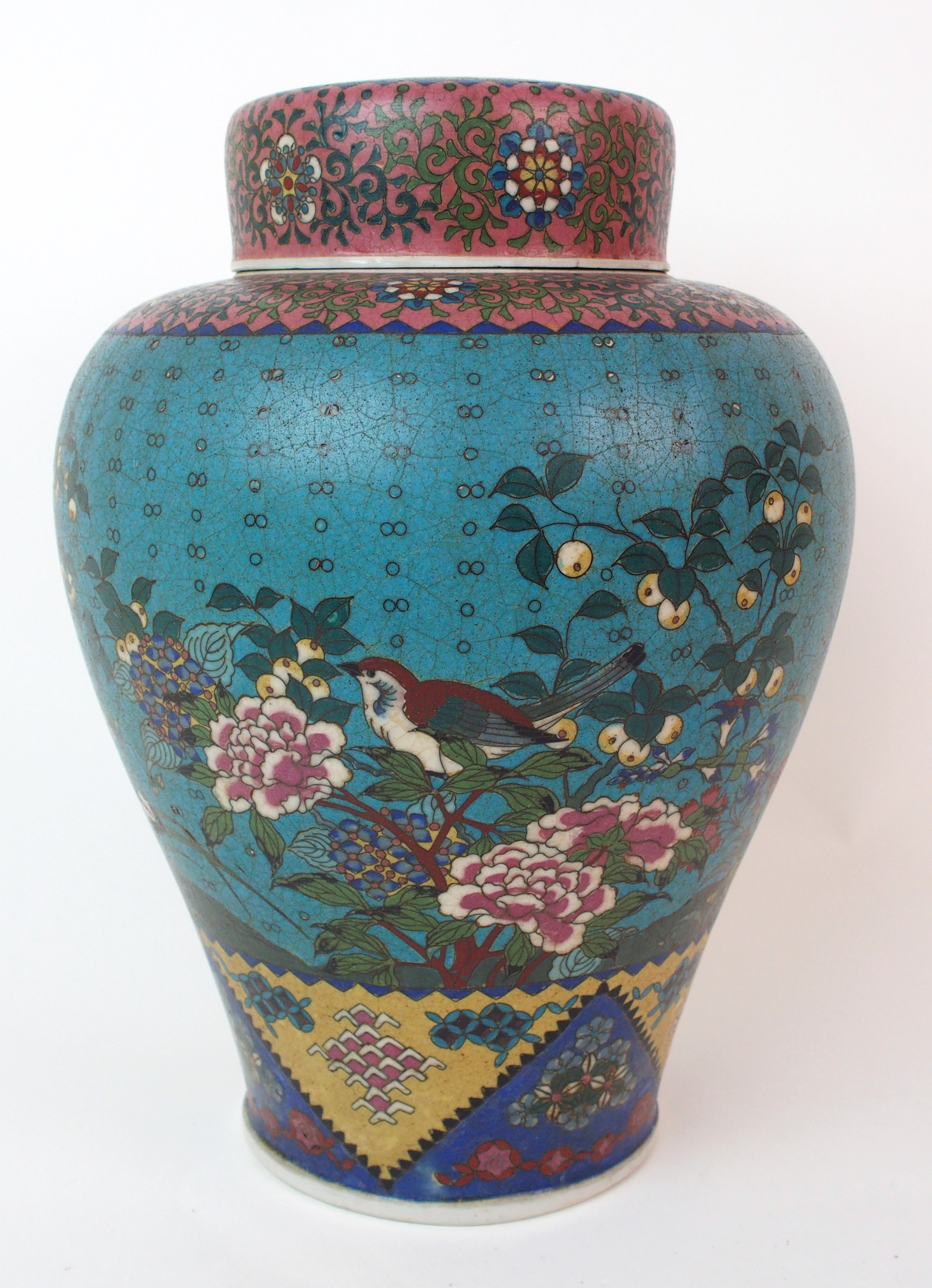 A Chinese cloisonne porcelain baluster jar and cover decorated with birds amongst flowers within - Image 2 of 10