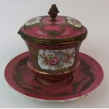 A French Sevres-style enamelled porcelain inkwell circa 1900, bowl with hinged lid opening to