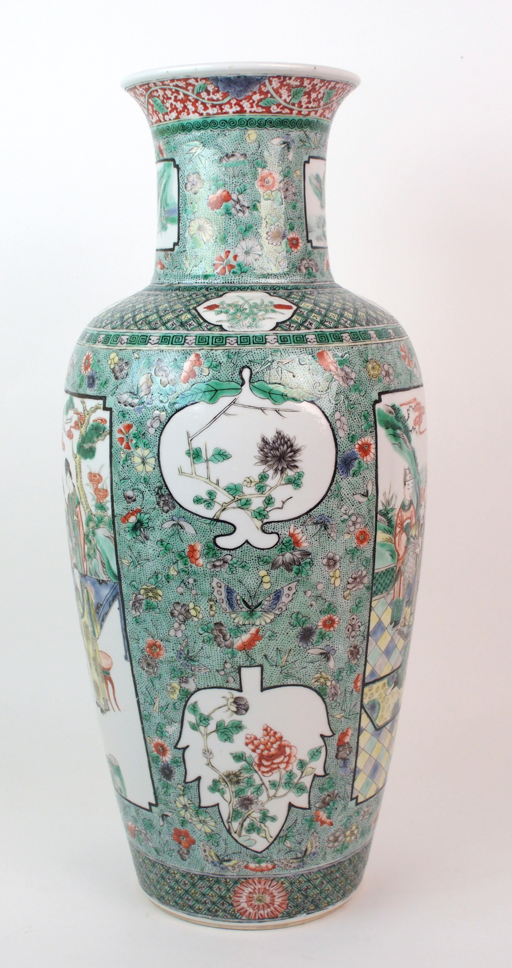 A Chinese famille verte baluster vase painted with panels of courtiers in pavilions divided by - Image 4 of 10