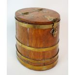 An oak and brass bound lidded box cylindrical box with hinged lid opening to void interior,
