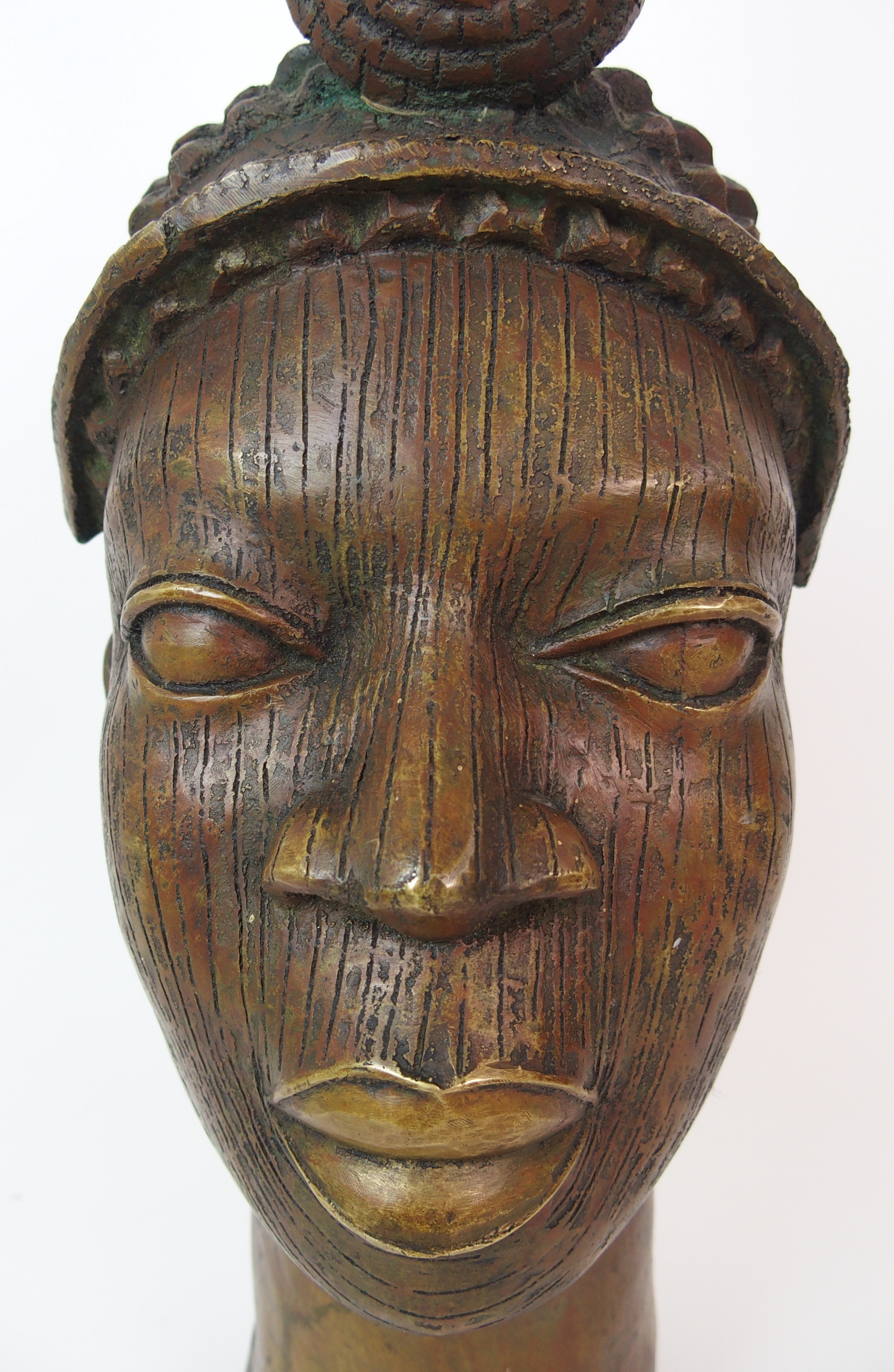 A Benin female brass head with high tied hair ornament with scarafied face, 52cm high - Image 2 of 10